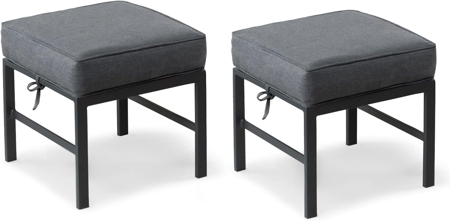2 Pieces Outdoor Ottomans for Patio, No-Assembly Aluminum Outdoor Patio Footstool with Gray Cushions, Small Aluminum Patio Seat for Porch Yard Garden Deck, Grey Frame