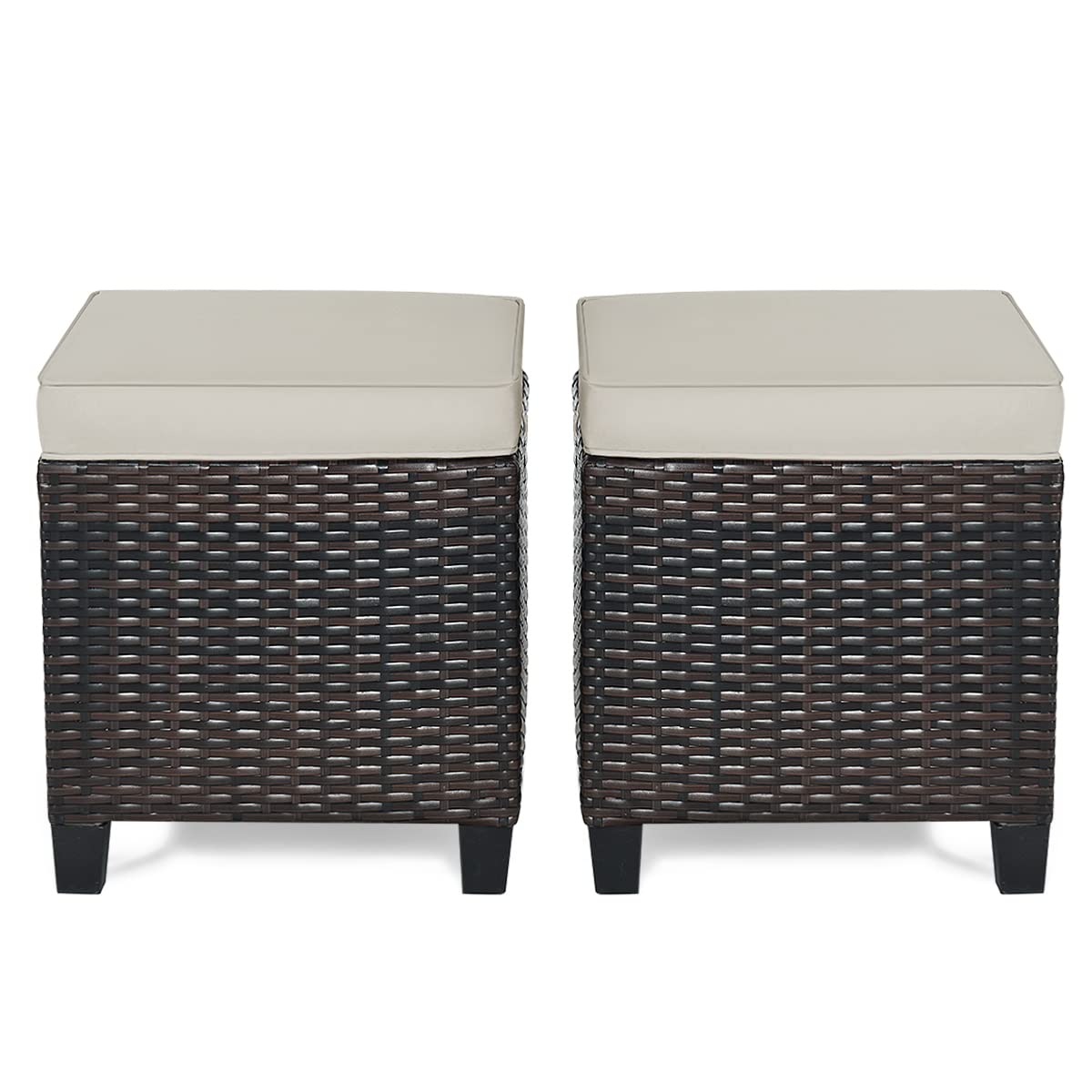 RELAX4LIFE 2-Piece Patio Ottoman Set - Wicker Footstools, All Weather PE Rattan Ottoman with Removable Cushions, Square Footrest Seat, Outdoor Stools for Garden, Porch, Pouf Ottoman (Brown)