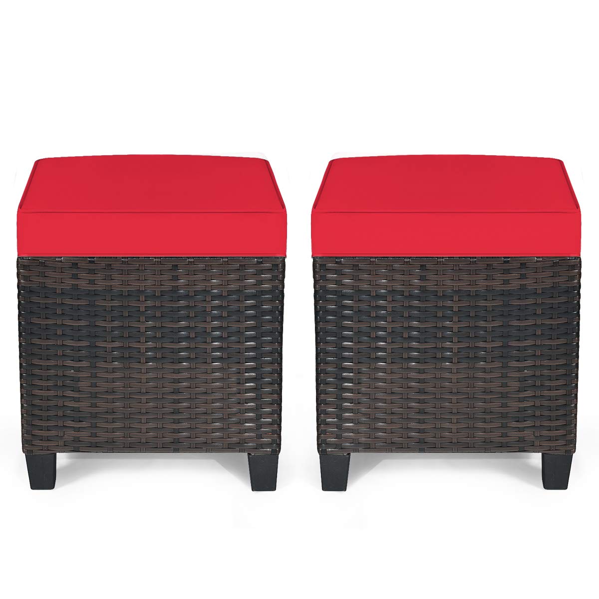 RELAX4LIFE 2-Piece Patio Ottoman Set - Wicker Footstools, All Weather PE Rattan Ottoman with Removable Cushions, Square Footrest Seat, Outdoor Stools for Garden, Porch, Pouf Ottoman (Brown)