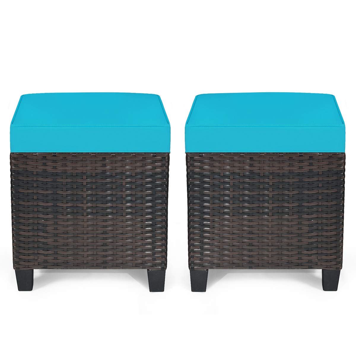RELAX4LIFE 2-Piece Patio Ottoman Set - Wicker Footstools, All Weather PE Rattan Ottoman with Removable Cushions, Square Footrest Seat, Outdoor Stools for Garden, Porch, Pouf Ottoman (Brown)