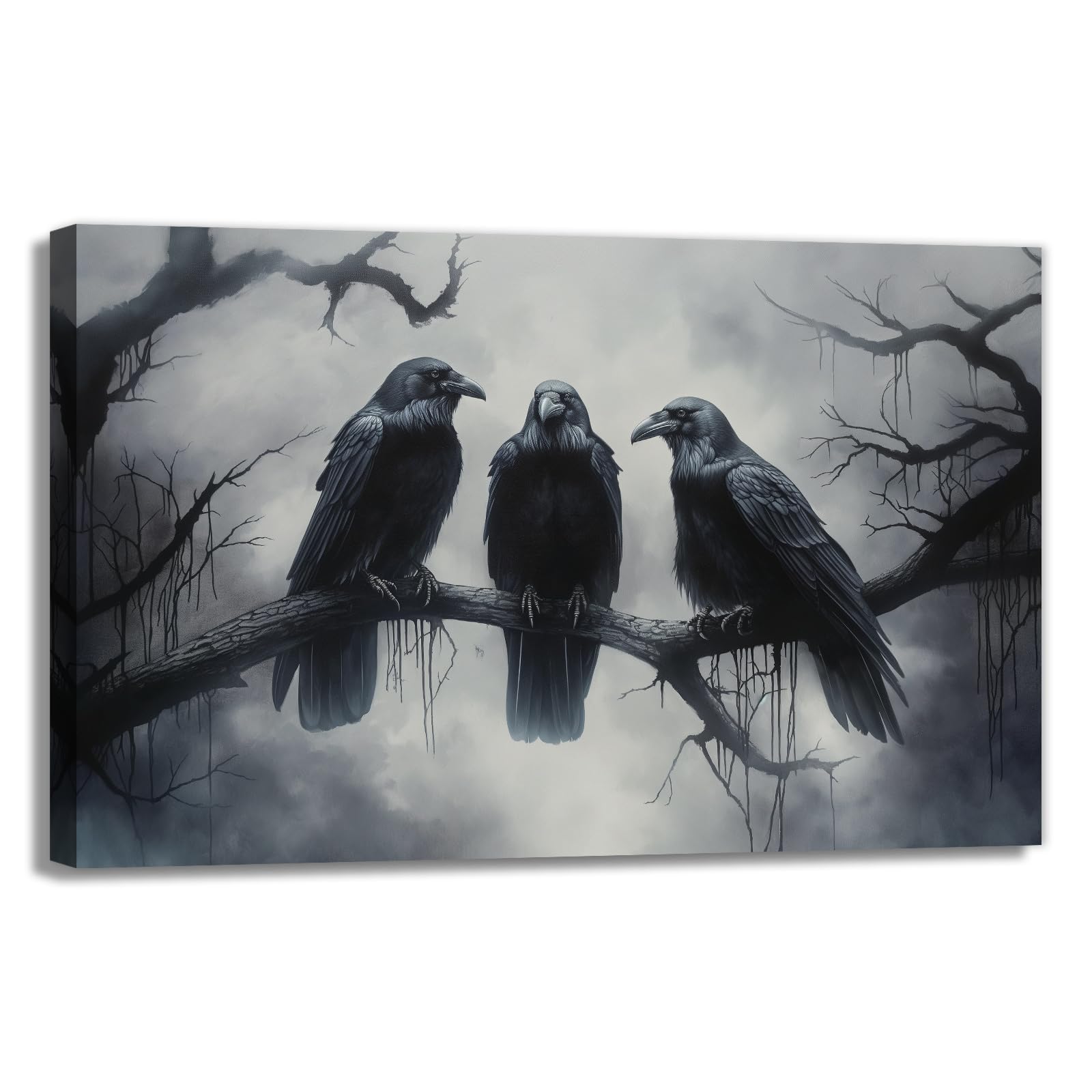 OAAPITI Crow Canvas Wall Art Black Crow Stand On The Branch Picture Print Moonlit Night Poster Vintage Forest Landscape Painting Artwork Living Room Halloween Decor(Artwork-1,16"x24")