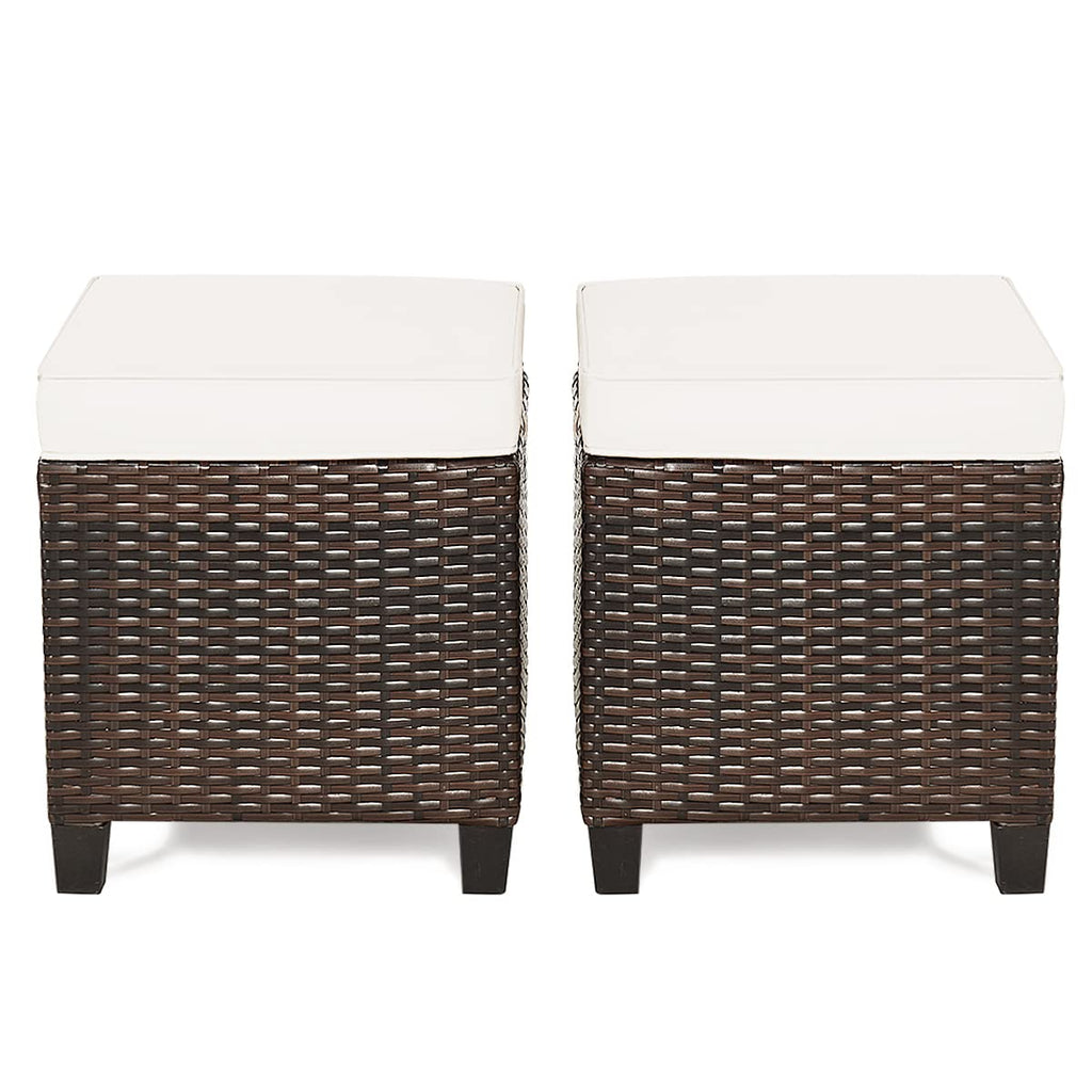 RELAX4LIFE 2-Piece Patio Ottoman Set - Wicker Footstools, All Weather PE Rattan Ottoman with Removable Cushions, Square Footrest Seat, Outdoor Stools for Garden, Porch, Pouf Ottoman (Brown)