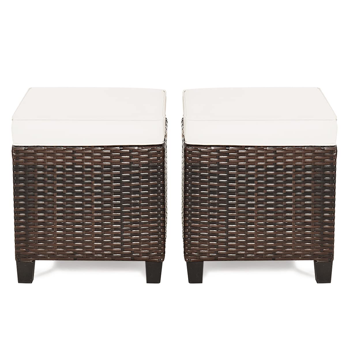 RELAX4LIFE 2-Piece Patio Ottoman Set - Wicker Footstools, All Weather PE Rattan Ottoman with Removable Cushions, Square Footrest Seat, Outdoor Stools for Garden, Porch, Pouf Ottoman (Brown)