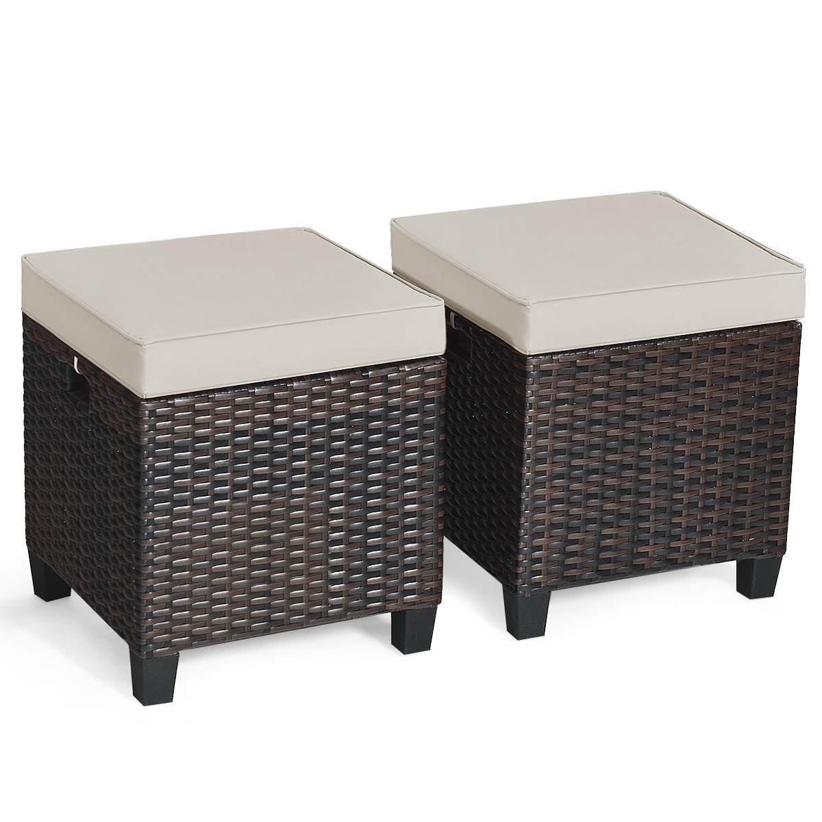 Tangkula 2 Pieces Outdoor Patio Ottoman, All Weather Rattan Wicker Ottoman Seat, Patio Rattan Furniture, Outdoor Footstool Footrest Seat w/Removable Cushions