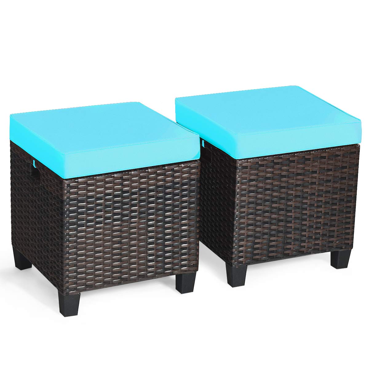 Tangkula 2 Pieces Outdoor Patio Ottoman, All Weather Rattan Wicker Ottoman Seat, Patio Rattan Furniture, Outdoor Footstool Footrest Seat w/Removable Cushions