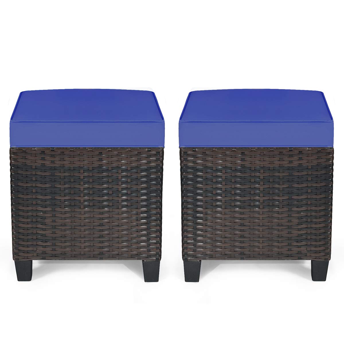 RELAX4LIFE 2-Piece Patio Ottoman Set - Wicker Footstools, All Weather PE Rattan Ottoman with Removable Cushions, Square Footrest Seat, Outdoor Stools for Garden, Porch, Pouf Ottoman (Brown)