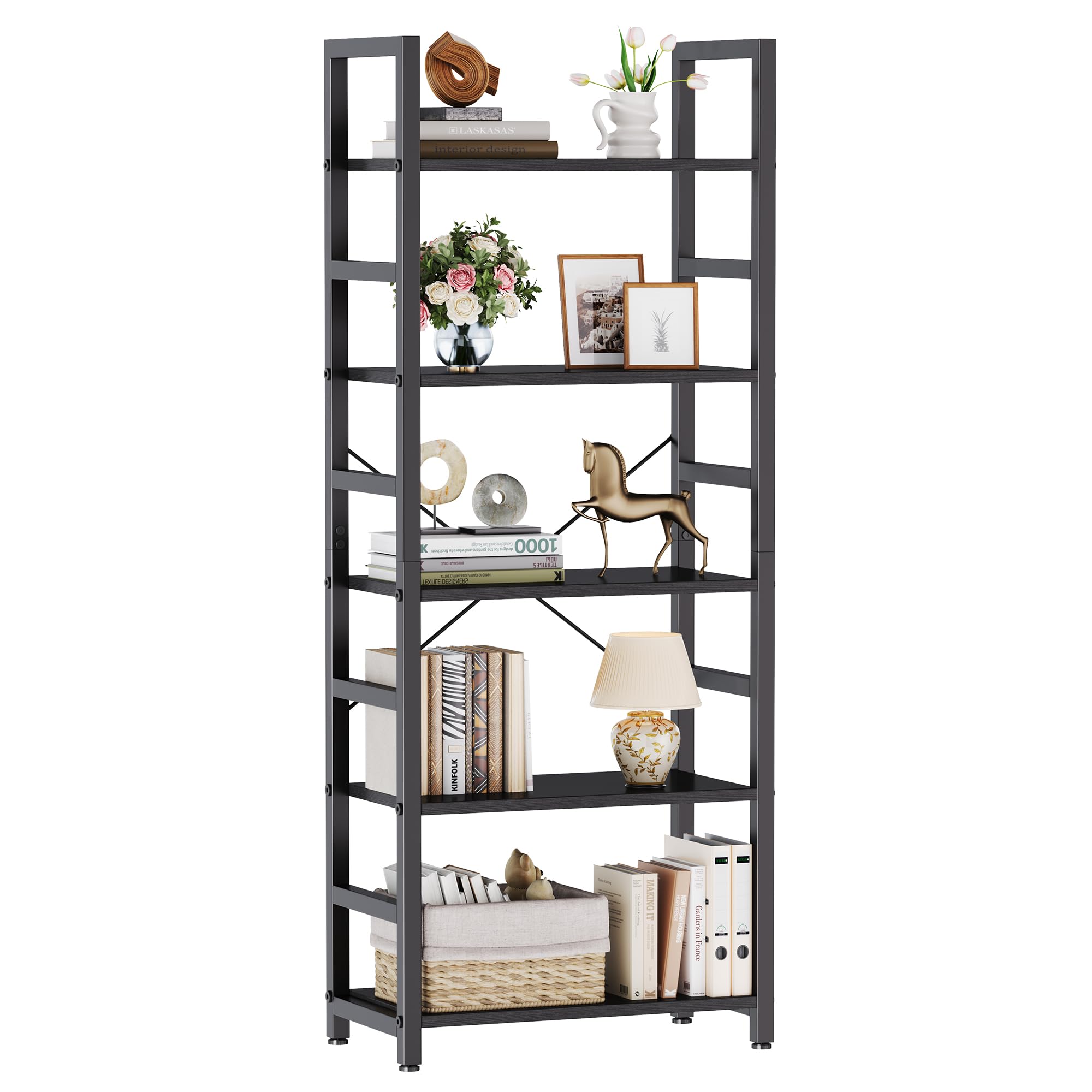 DUMOS 5-Tier Bookshelf, Modern Tall Bookcase, Open Storage Display Shelf for Living Room, Bedroom, Home Office, Narrow Standing Shelving Unit for Books, CDs, Décor，Modern Black