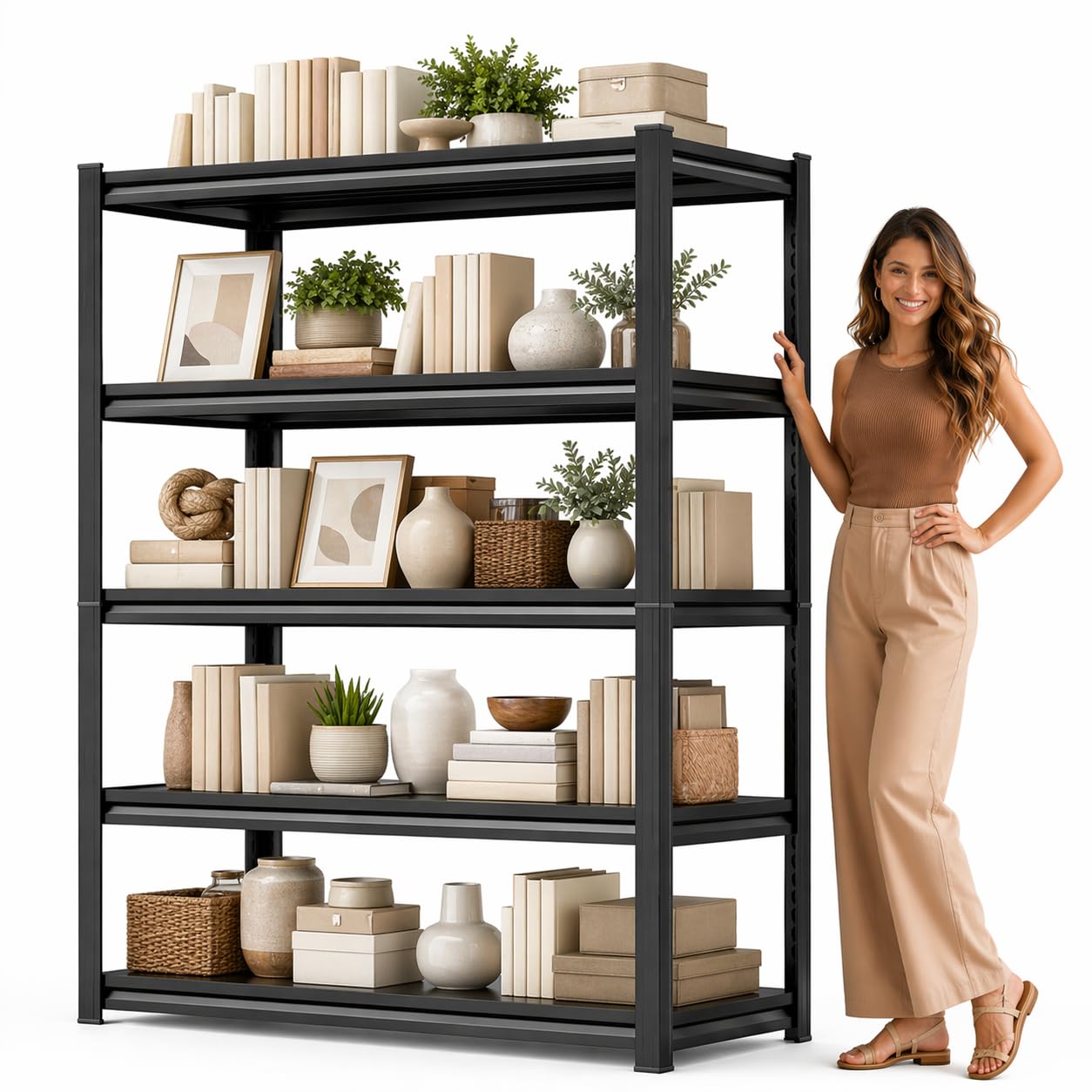 5 Tier Metal Bookshelf with Anti-Drop Fence, 72" H Adjustable Tall Bookcase, Heavy Duty 3000 LBS Modern Deep Book Shelf, Bolt-Free Storage Shelves for Living Room, Home Office, Garage