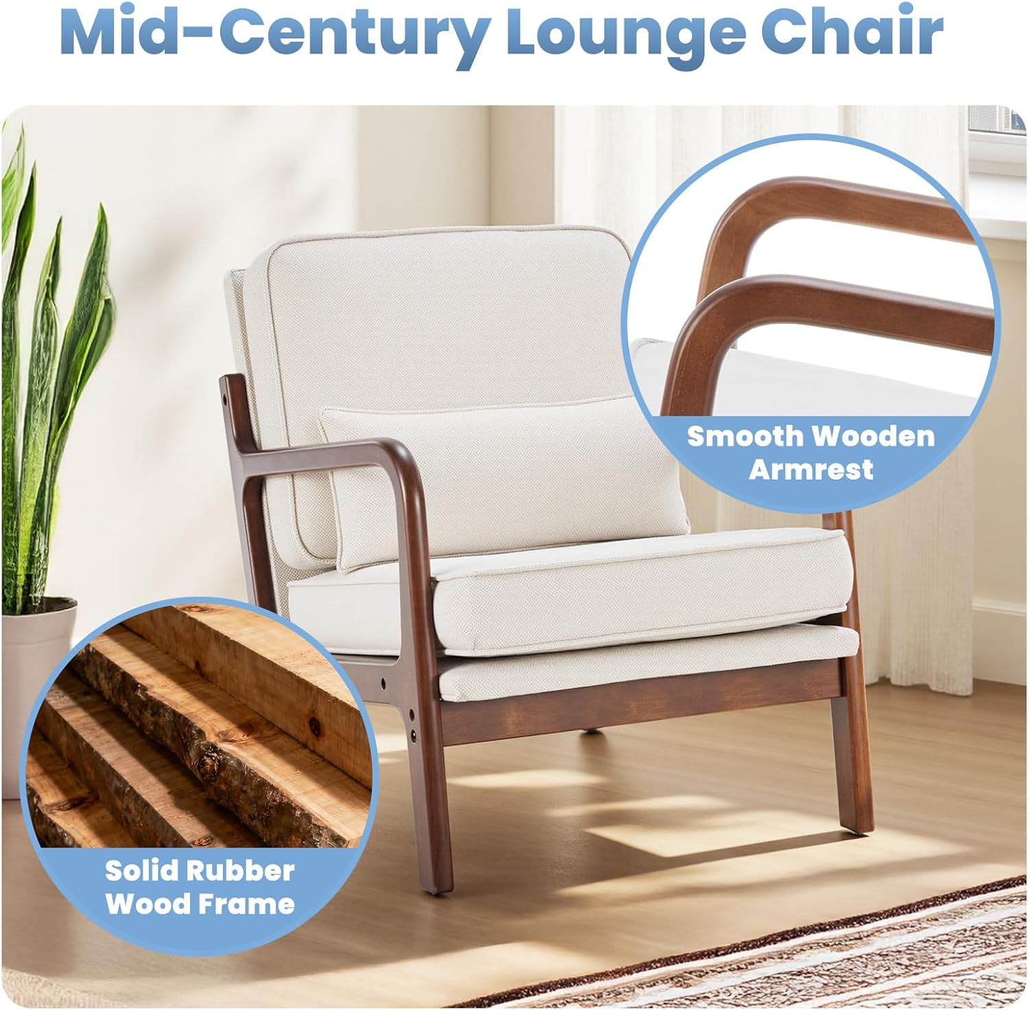 DUMOS Accent Chair Mid Century Modern Chair with Arms and Waist Cushion, Reading Chairs for Adults with Solid Frame, Lounge Side Sitting Armchair for Living Room, Bedroom, Balcony, Cream