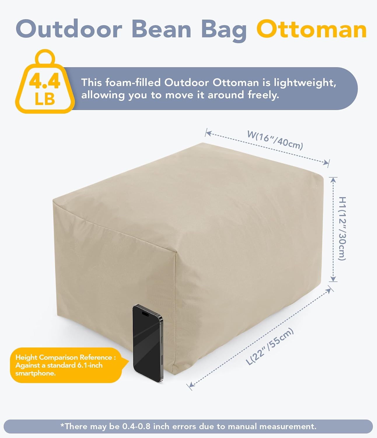Beige Rectangular Outdoor Bean Bag Ottoman with Shredded Foam, Splash-Proof Removable Zipper Cover