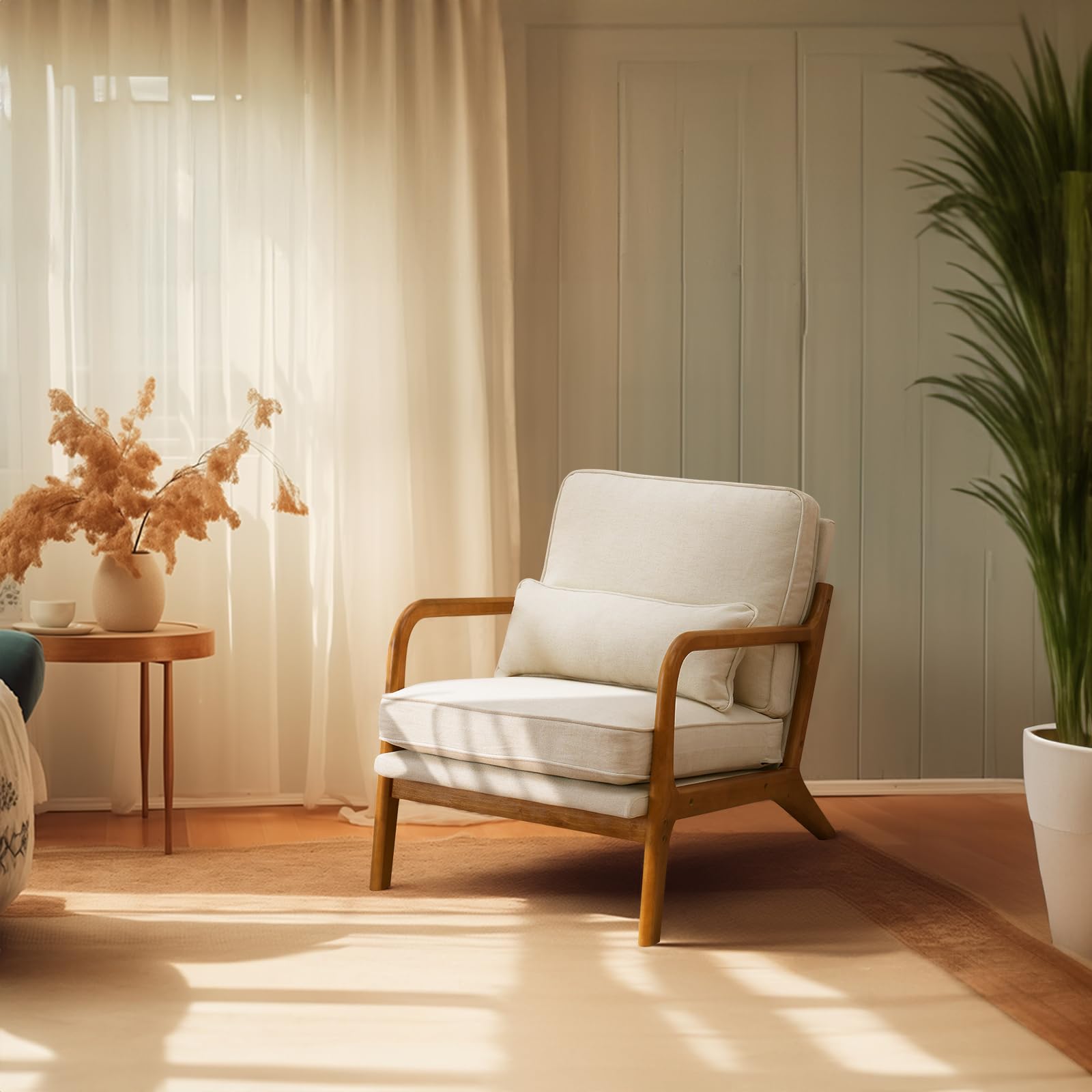 Bonnlo Set of 2 Beige Mid-Century Fabric Accent Chairs, Solid Wood Arm Lounge Chairs for Living Room Bedroom