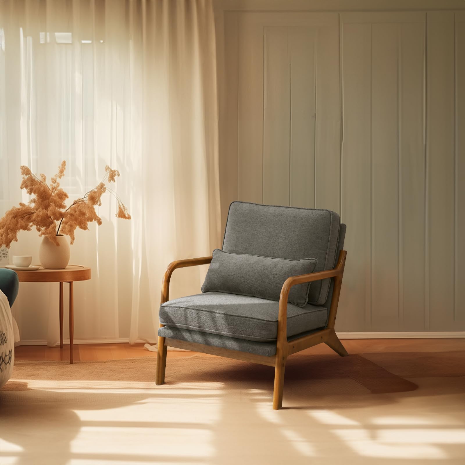Bonnlo Set of 2 Beige Mid-Century Fabric Accent Chairs, Solid Wood Arm Lounge Chairs for Living Room Bedroom