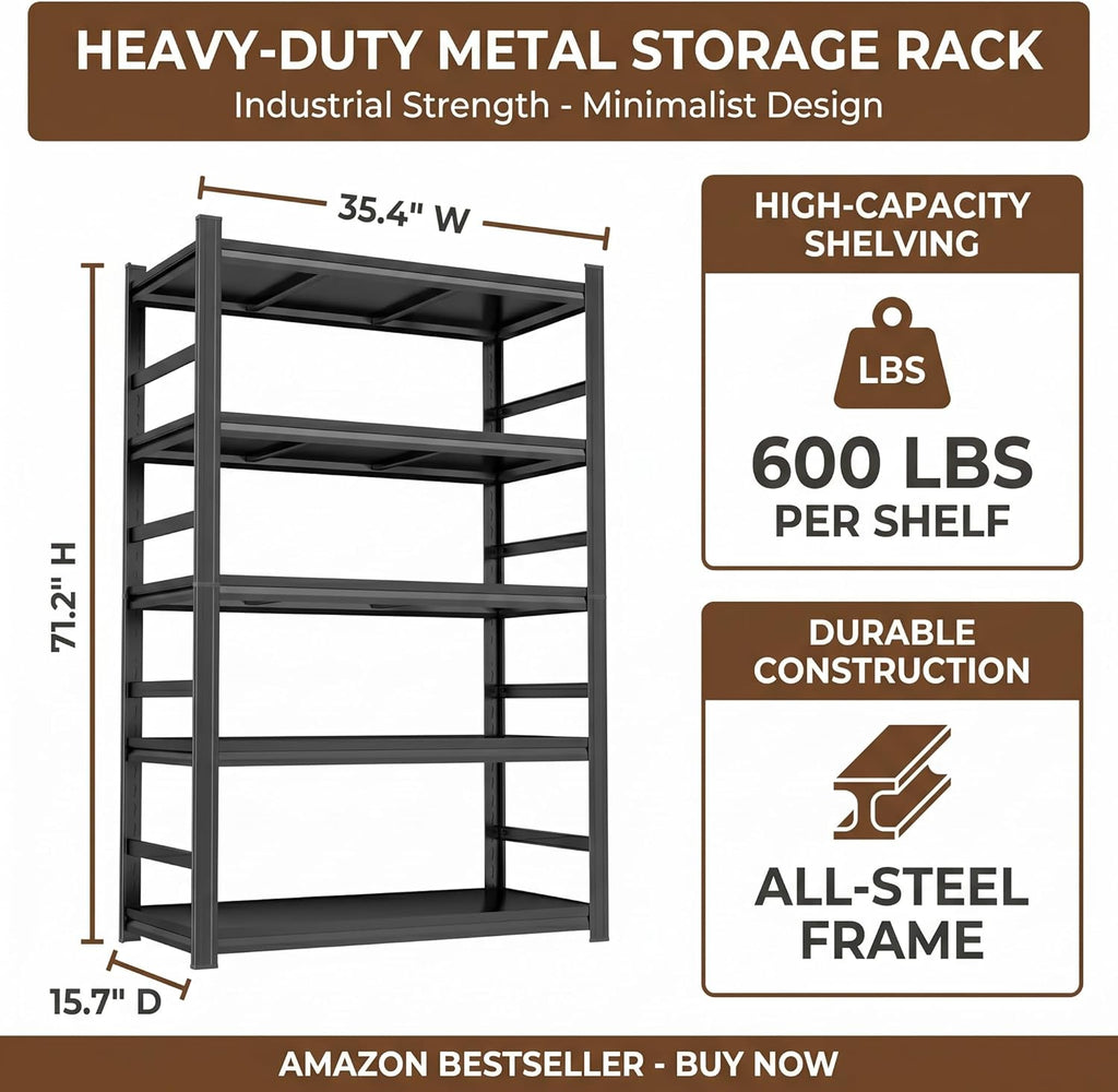 5 Tier Metal Bookshelf with Anti-Drop Fence, 72" H Adjustable Tall Bookcase, Heavy Duty 3000 LBS Modern Deep Book Shelf, Bolt-Free Storage Shelves for Living Room, Home Office, Garage