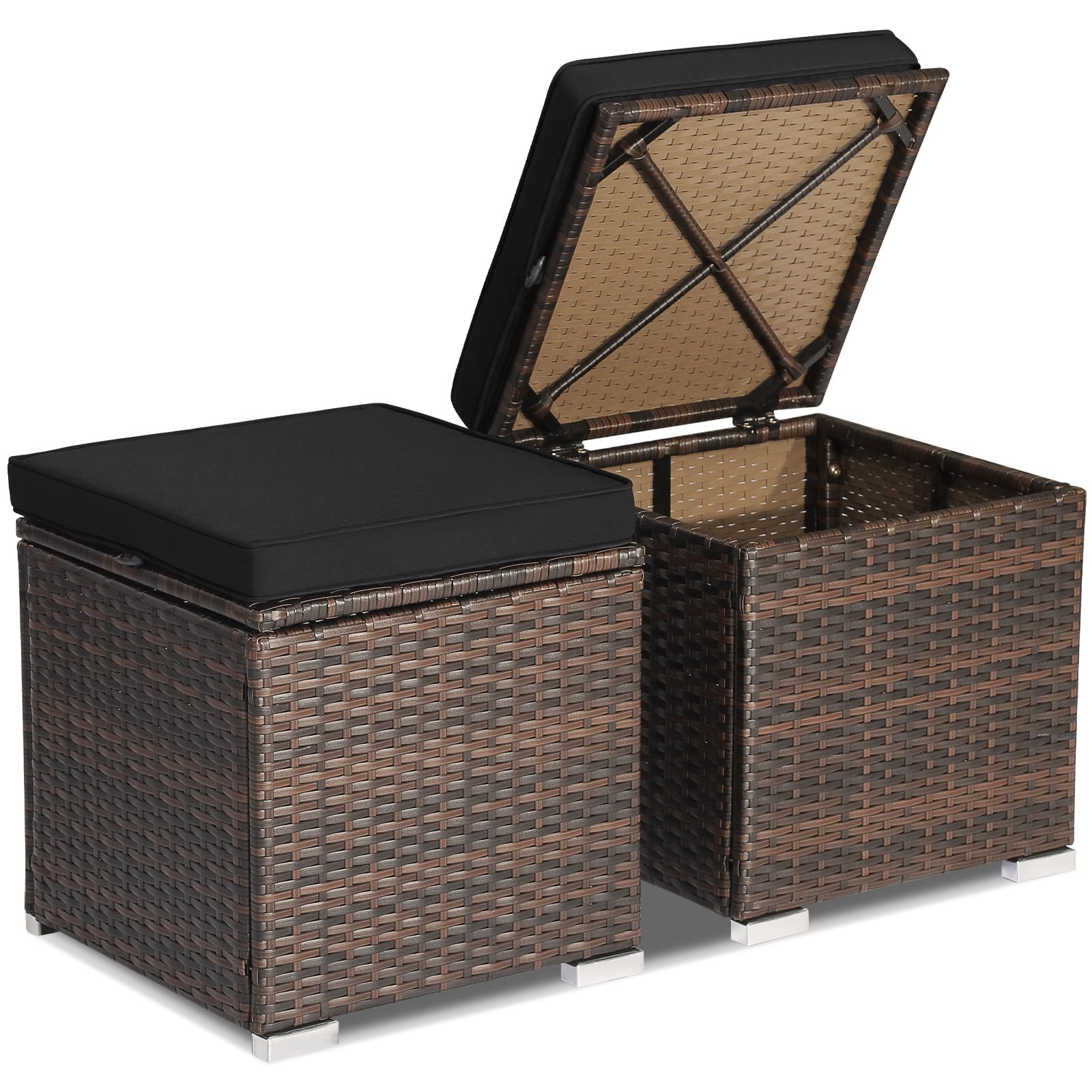 Tangkula 2 Pieces Outdoor Patio Ottoman, All Weather Rattan Wicker Ottoman Seat, Patio Rattan Furniture, Outdoor Footstool Footrest Seat w/Removable Cushions