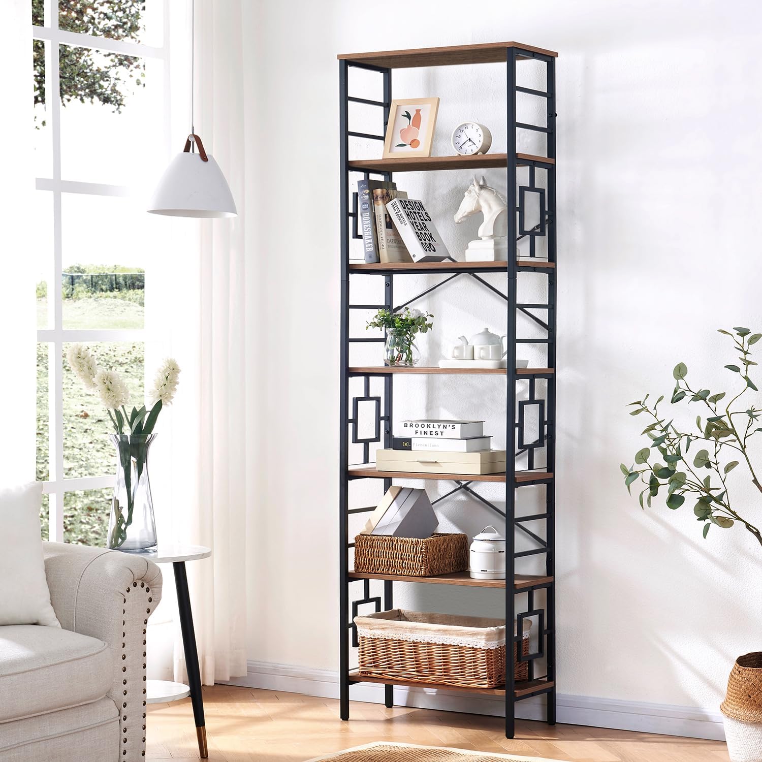 HOMISSUE Tall Bookshelf, 84 Inch Industrial Bookshelf with Metal Frame and Open Shelves, 7 Tier Metal Bookshelves and Bookcases, Rustic Tall Book Shelf for Office, Living Room and Bedroom, Brown