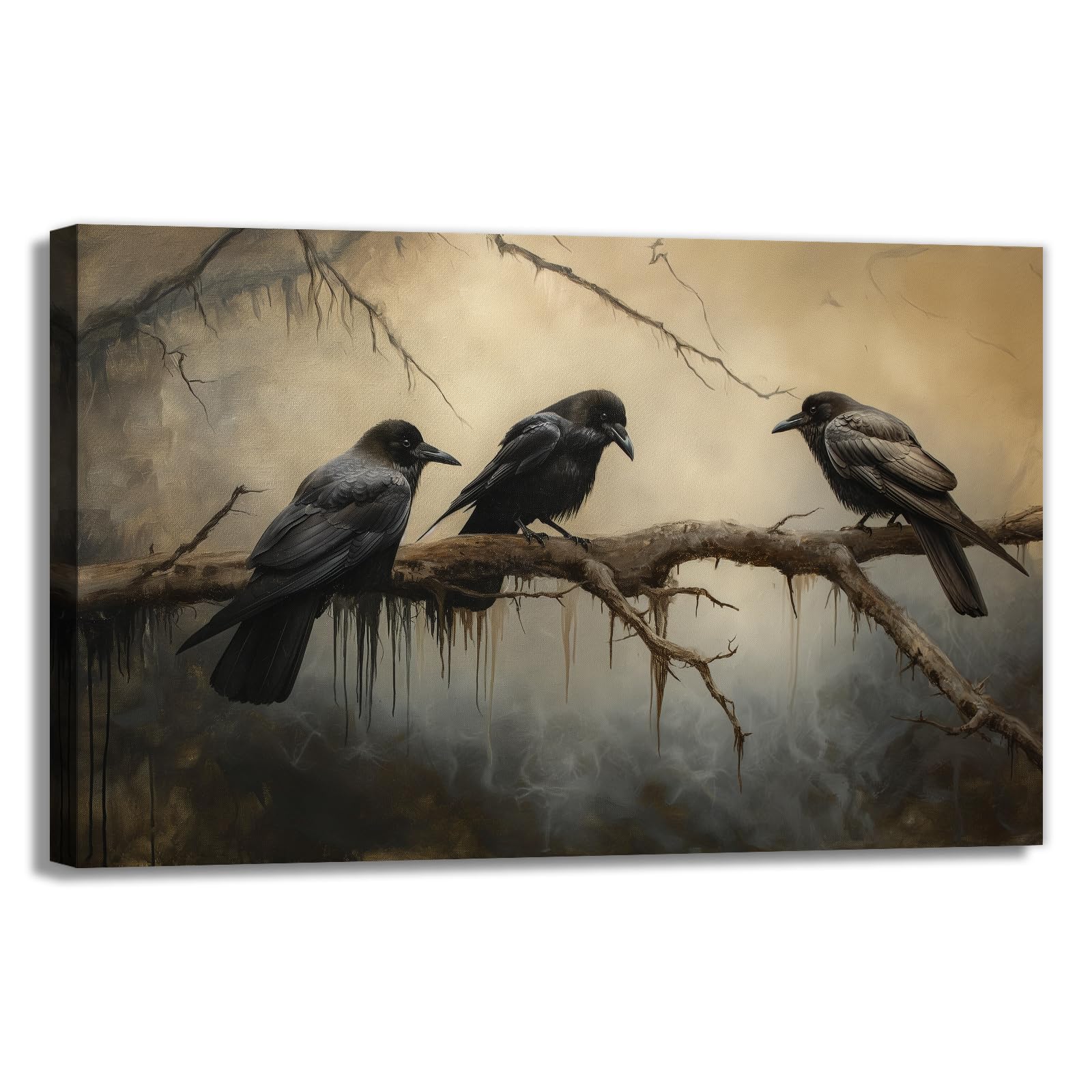 OAAPITI Crow Canvas Wall Art Black Crow Stand On The Branch Picture Print Moonlit Night Poster Vintage Forest Landscape Painting Artwork Living Room Halloween Decor(Artwork-1,16"x24")