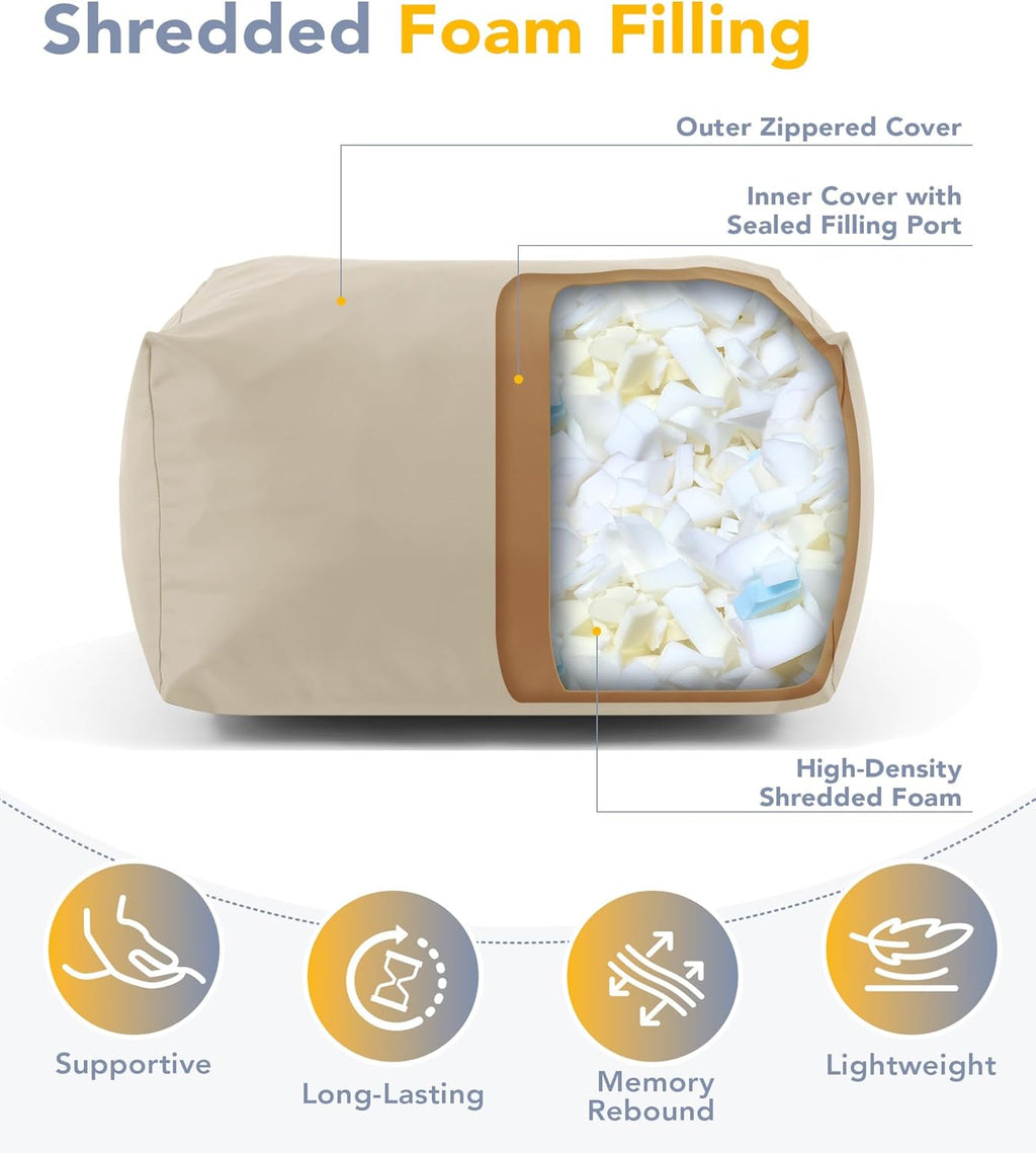 Beige Rectangular Outdoor Bean Bag Ottoman with Shredded Foam, Splash-Proof Removable Zipper Cover