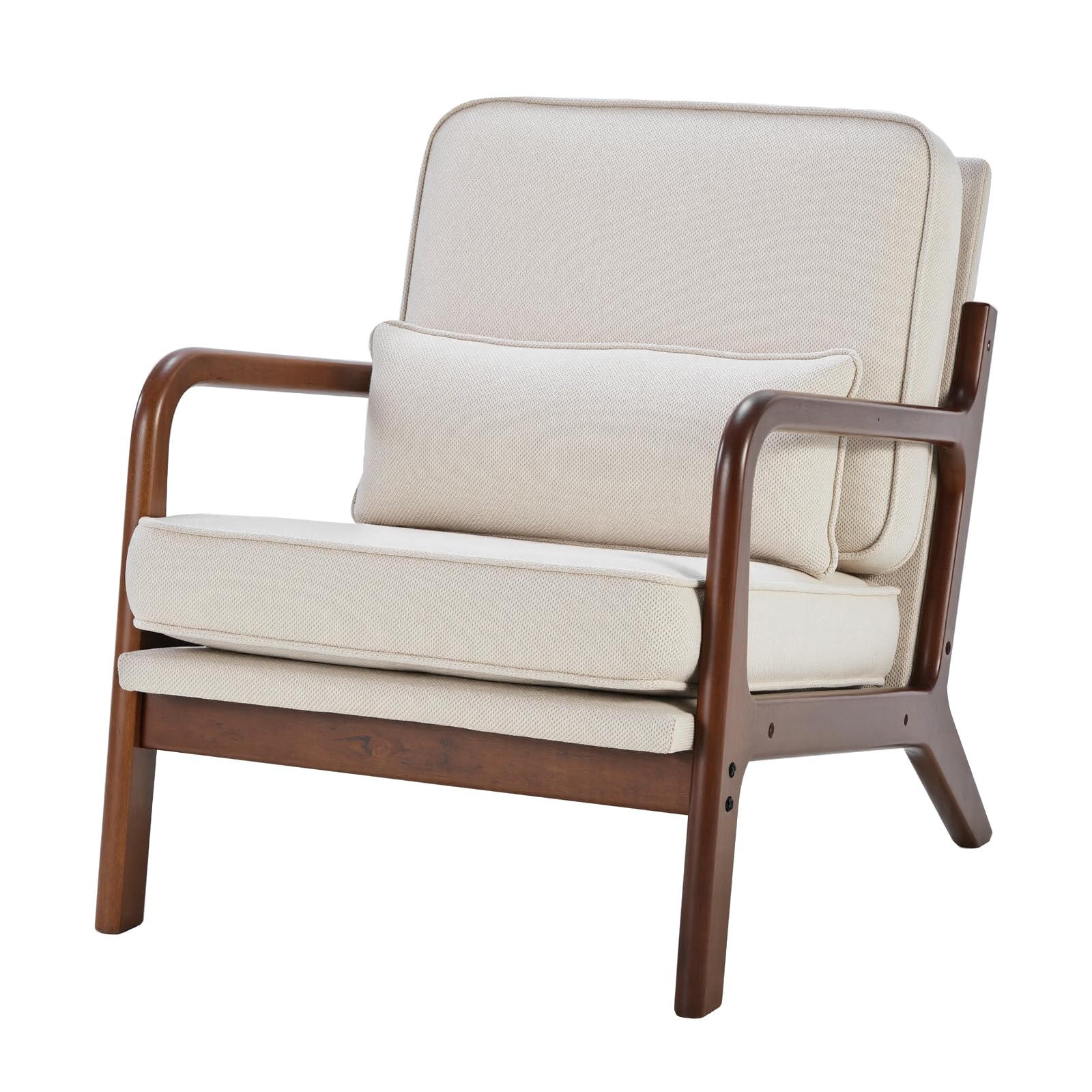 DUMOS Mid Century Modern Chair, Accent Chair with Arms and Waist Cushion, Reading Chairs for Adults, Lounge Chair for Living Room and Bedroom, Solid Wooden Frame, Ivory White