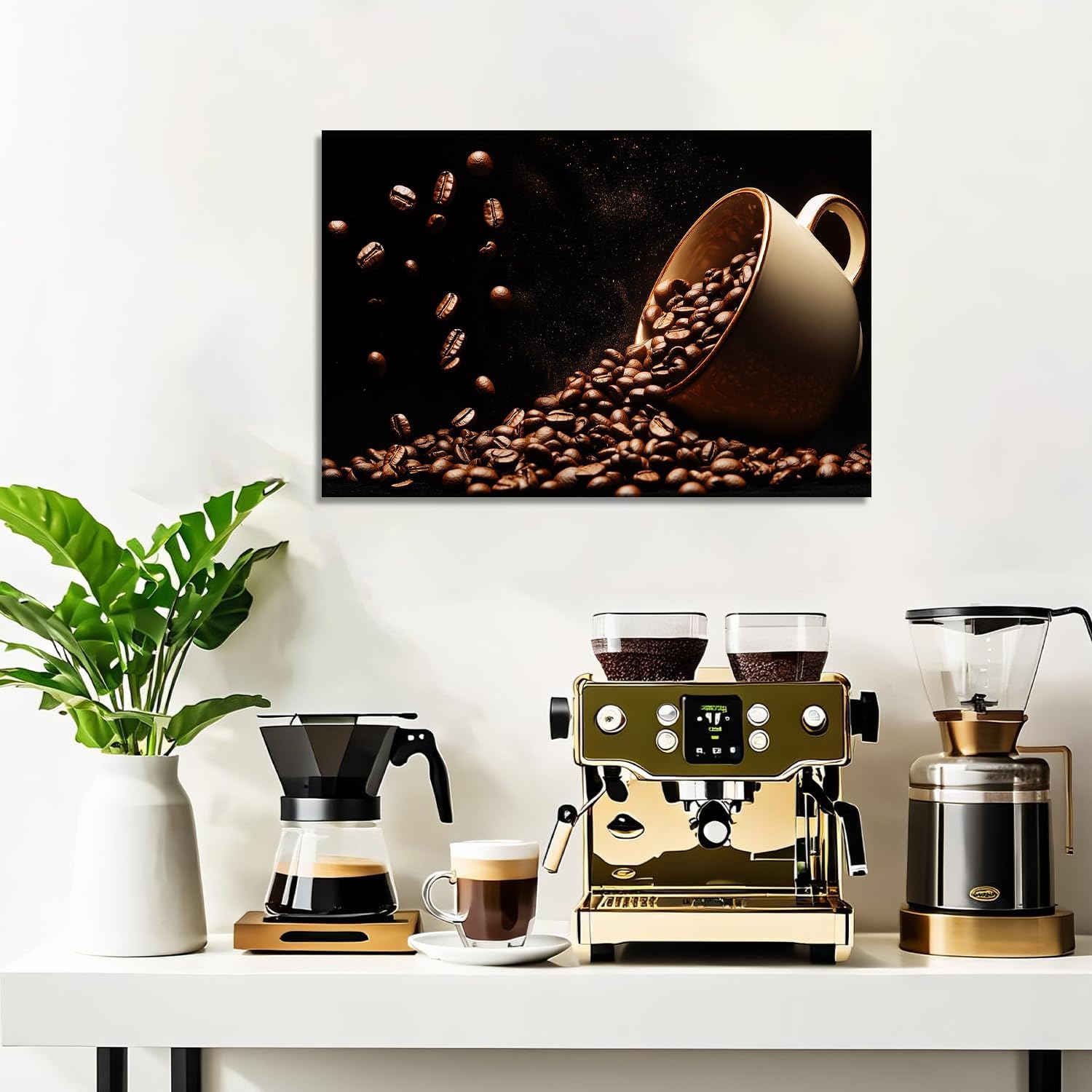 Coffee Canvas Art Kitchen Wall Decor Framed Brown Poster Coffee Bean Painting Vintage Artwork for Dining Room Bar Ready to Hang - 16.00"x24.00"