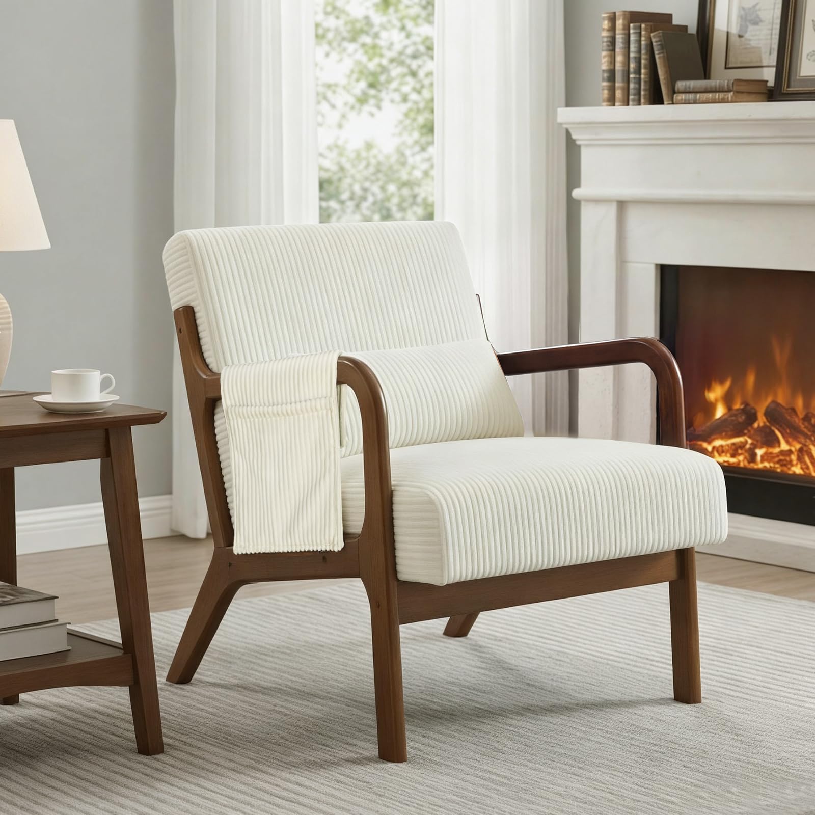 DUMOS Mid Century Modern Accent Chair, Upholstered Armchair with Lumbar Pillow and Solid Wood Frame, Comfy Reading Chair for Small Living Room, Bedroom, Guest Room, Beige