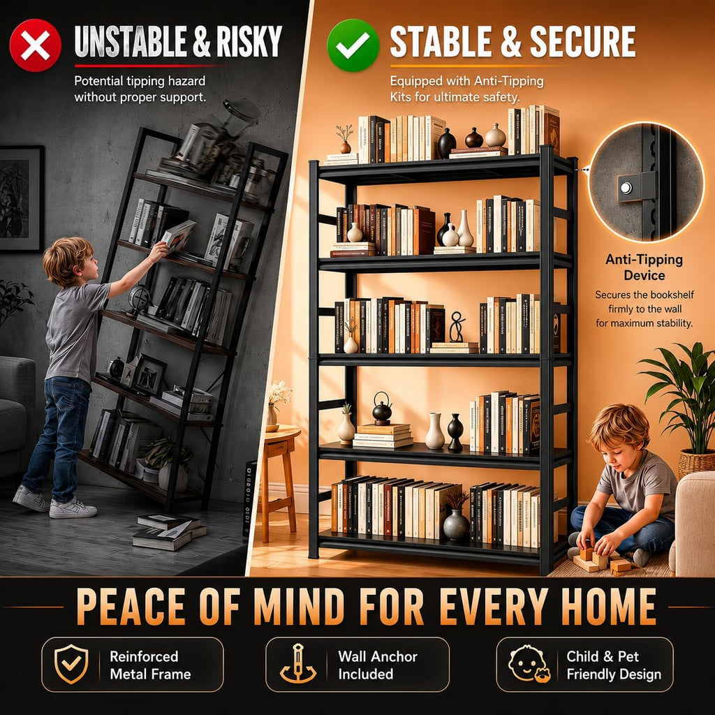Bolt-Free 5 Tier Metal Bookshelf, 71"H Adjustable Tall Bookcase with Anti-Drop Fence, 1500LBS Heavy Duty Deep Book Shelf, Large Office Bookshelf, Modern Storage Shelves for Bedroom, LivingRoom, Garage