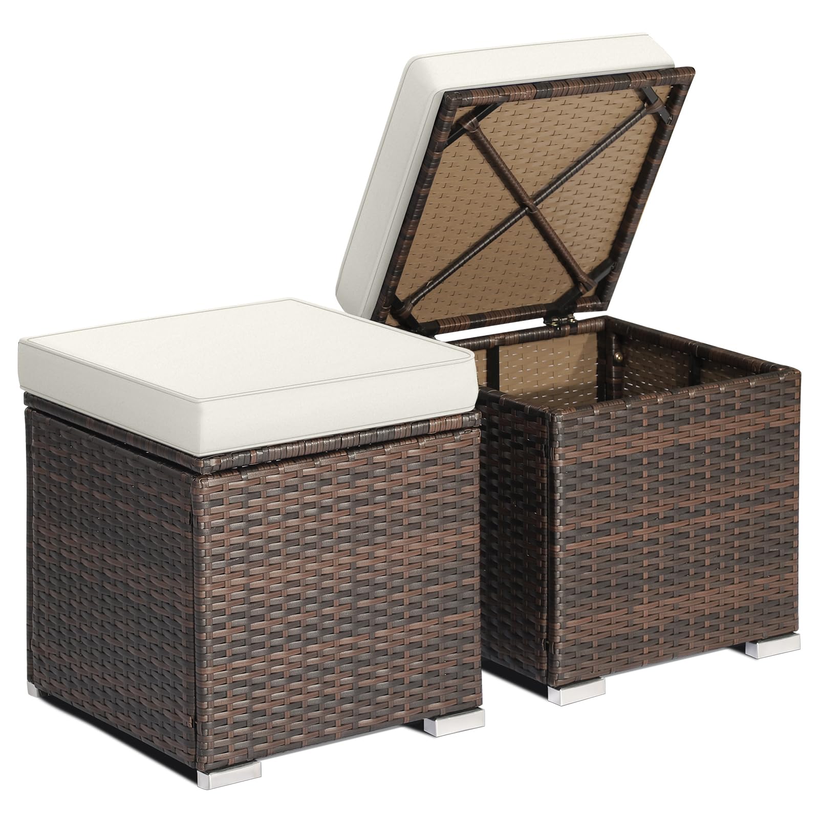 RELAX4LIFE Wicker Outdoor Storage Ottoman, 2-Piece Rattan Footstool w/Removable Cushion, Multipurpose Footrest Stool Side Table Additional Seating, Set of 2 Outdoor Ottomans for Patio Deck (Navy)