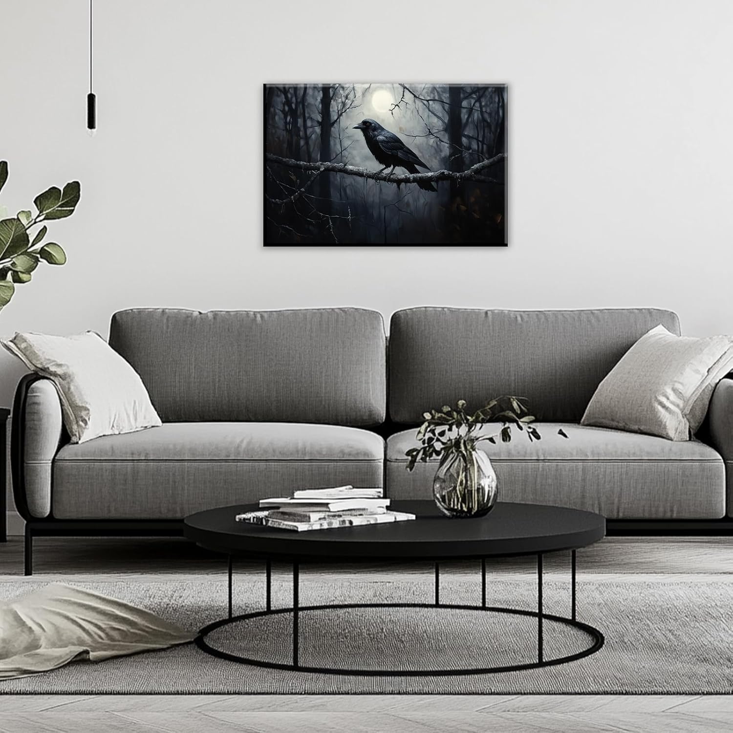 OAAPITI Crow Canvas Wall Art Black Crow Stand On The Branch Picture Print Moonlit Night Poster Vintage Forest Landscape Painting Artwork Living Room Halloween Decor(Artwork-1,16"x24")