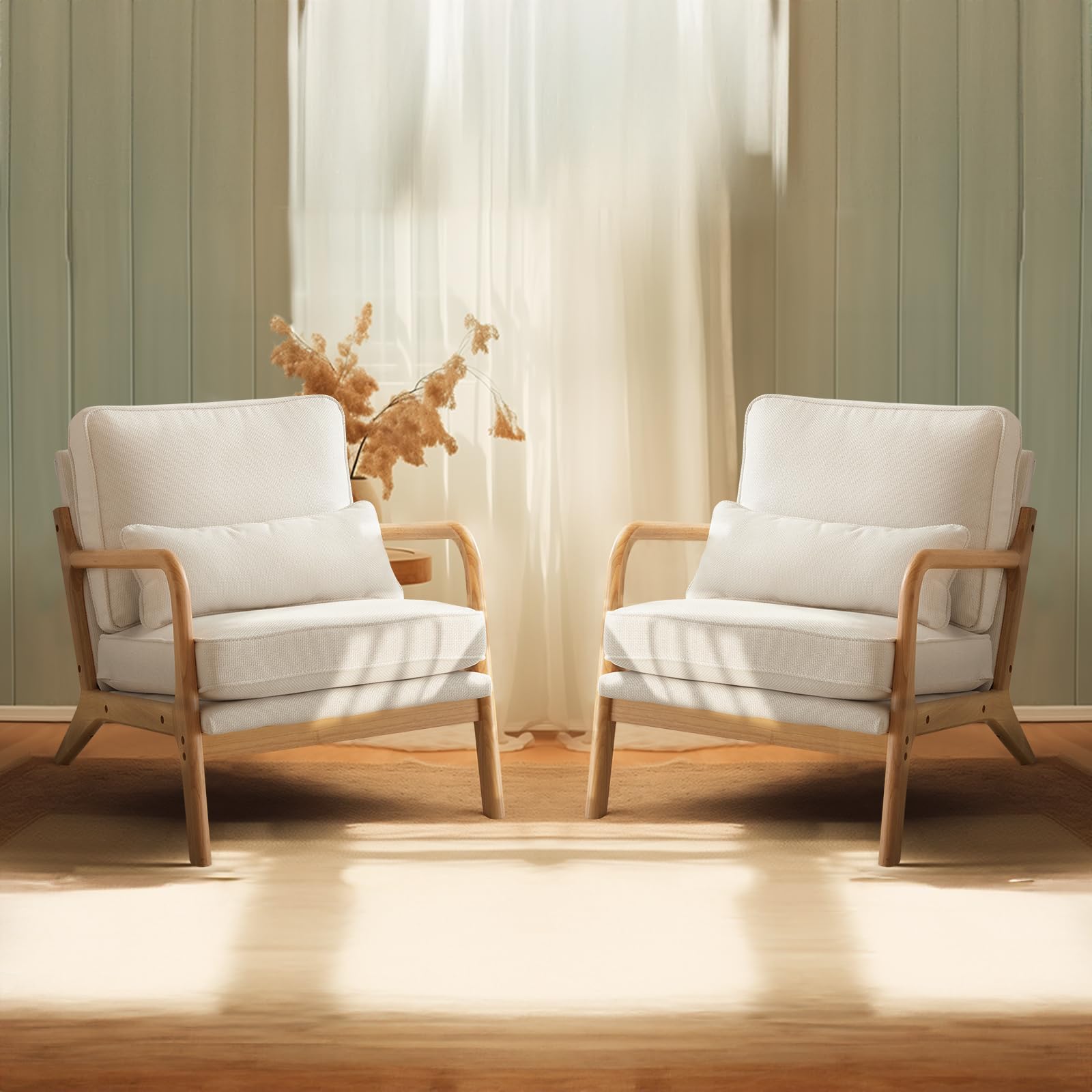 Bonnlo Set of 2 Beige Mid-Century Fabric Accent Chairs, Solid Wood Arm Lounge Chairs for Living Room Bedroom