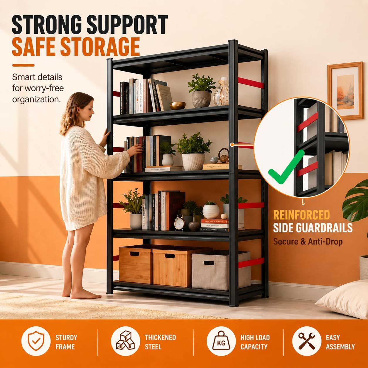 Bolt-Free 5 Tier Metal Bookshelf, 71"H Adjustable Tall Bookcase with Anti-Drop Fence, 1500LBS Heavy Duty Deep Book Shelf, Large Office Bookshelf, Modern Storage Shelves for Bedroom, LivingRoom, Garage