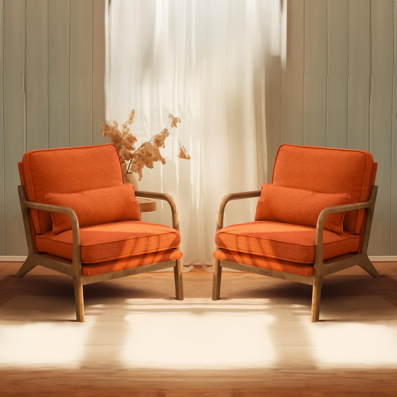 Bonnlo Set of 2 Beige Mid-Century Fabric Accent Chairs, Solid Wood Arm Lounge Chairs for Living Room Bedroom