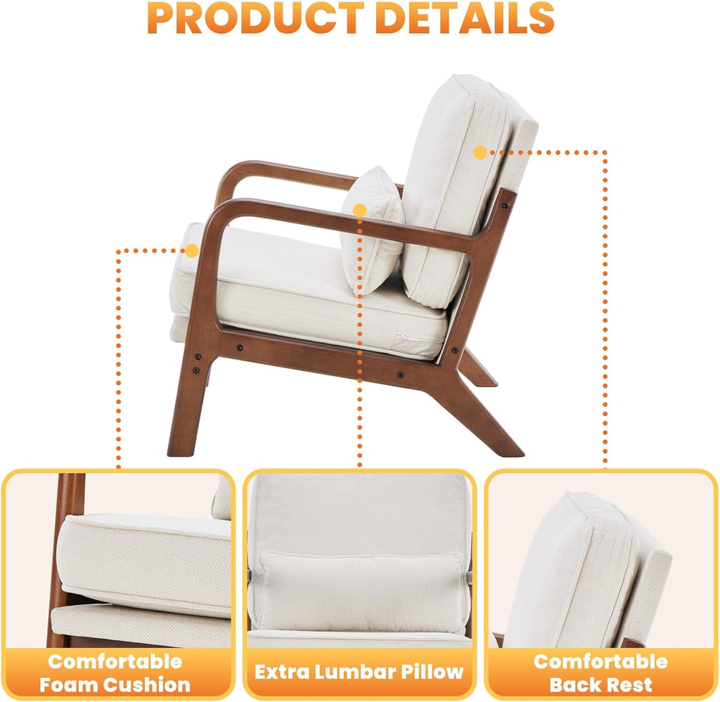 DUMOS Mid Century Modern Chair, Accent Chair with Arms and Waist Cushion, Reading Chairs for Adults, Lounge Chair for Living Room and Bedroom, Solid Wooden Frame, Ivory White