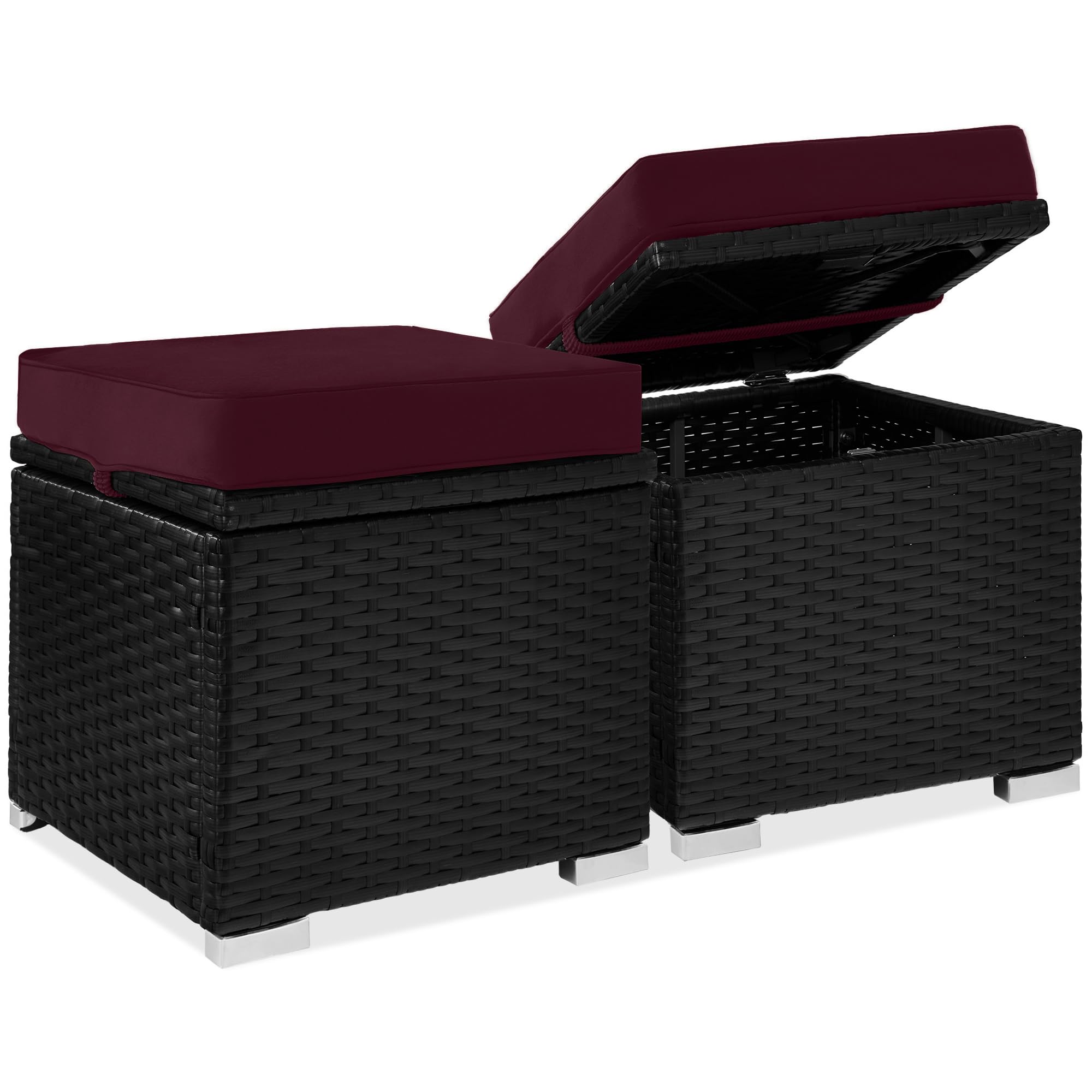 Best Choice Products Set of 2 Wicker Ottomans, Multipurpose Outdoor Furniture for Patio, Backyard, Additional Seating, Footrest, Side Table w/Storage, Removable Cushions - Brown/Beige