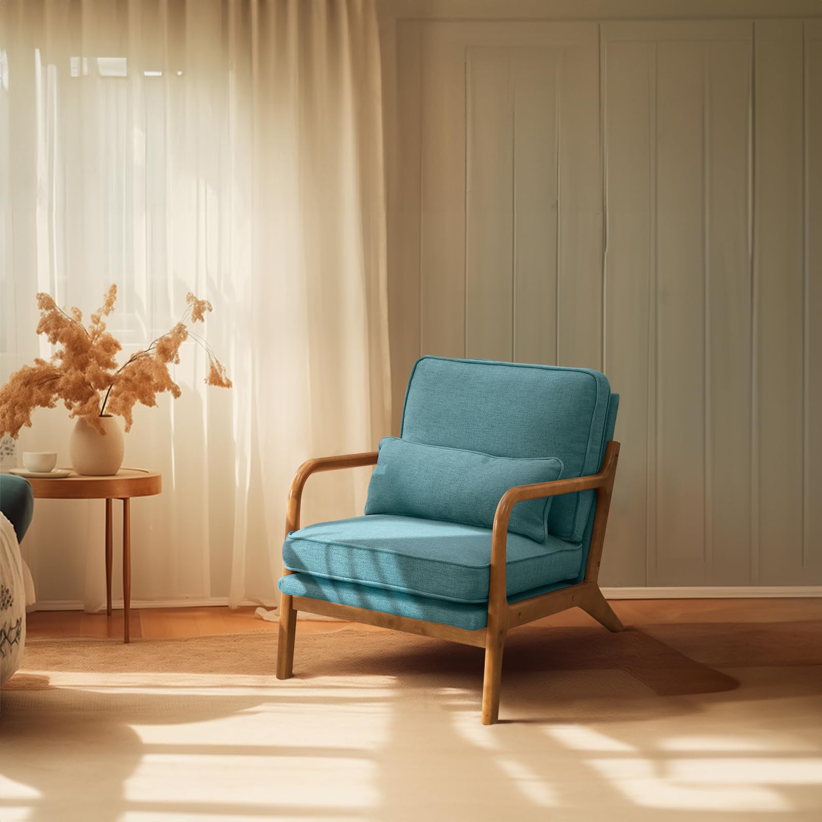 Bonnlo Set of 2 Beige Mid-Century Fabric Accent Chairs, Solid Wood Arm Lounge Chairs for Living Room Bedroom