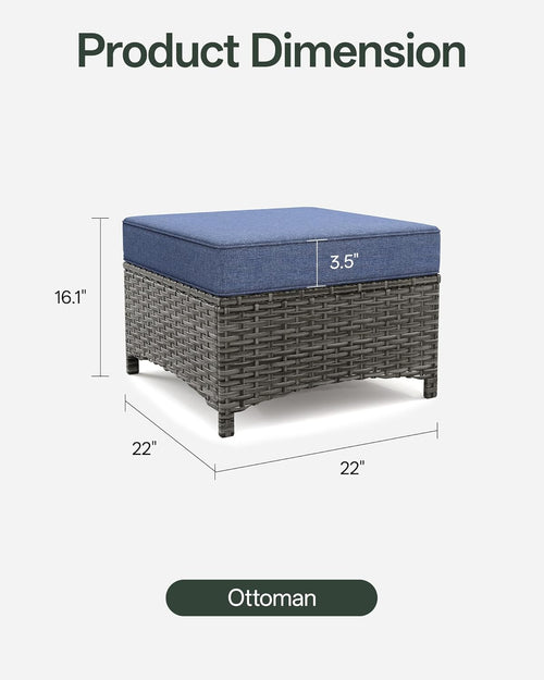 2PCS Outdoor Patio Ottomans, All-Weather PE Wicker Footrest with Comfortable 3.5" Cushions, Anti-Rust Metal Frame for Garden, Porch, Backyard, Deck, Gray Line Collection (Blue)