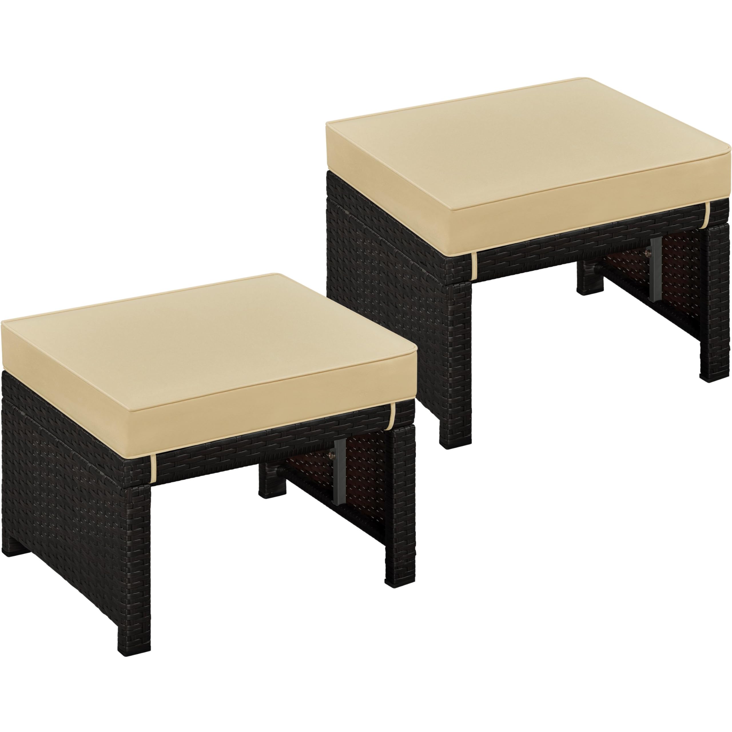 Yaheetech Wicker Ottomans, Set of 2 Footrest with Removable Cushion, 2pcs PE Rattan Side Table Additional Seating Multipurpose Outdoor Furniture for Patio, Backyard, Black/Gray