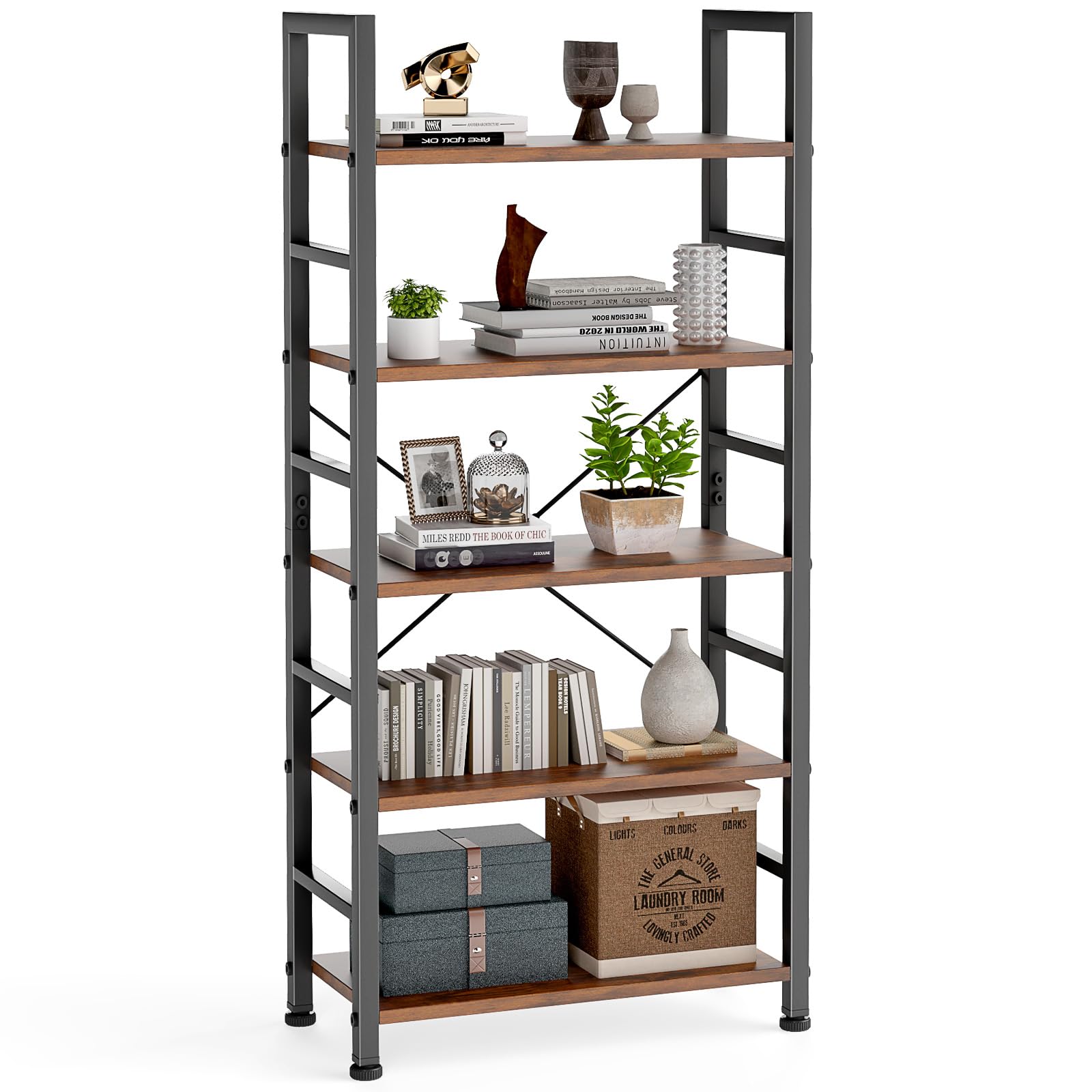 DUMOS 5-Tier Bookshelf, Modern Tall Bookcase, Open Storage Display Shelf for Living Room, Bedroom, Home Office, Narrow Standing Shelving Unit for Books, CDs, Décor，Modern Black