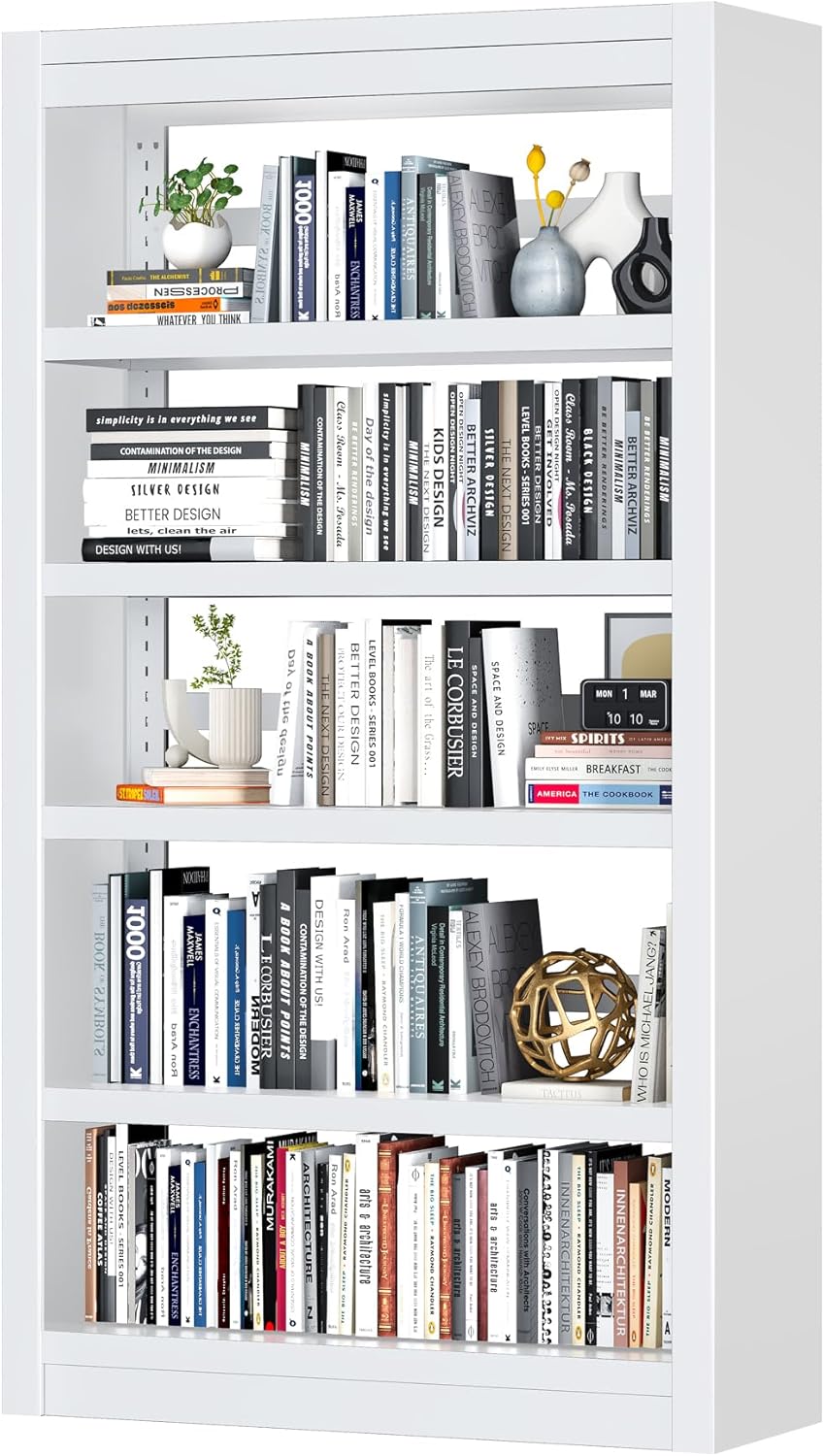 Bookshelf,6-Tier Adjustable Steel Book Shelf,61" H Heavy Duty Metal Bookcase for Home/Office/Garage,White Shelf (White, 61" Tall)