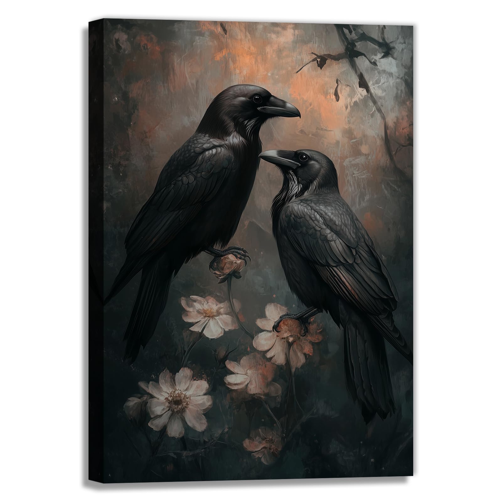 OAAPITI Crow Canvas Wall Art Black Crow Stand On The Branch Picture Print Moonlit Night Poster Vintage Forest Landscape Painting Artwork Living Room Halloween Decor(Artwork-1,16"x24")