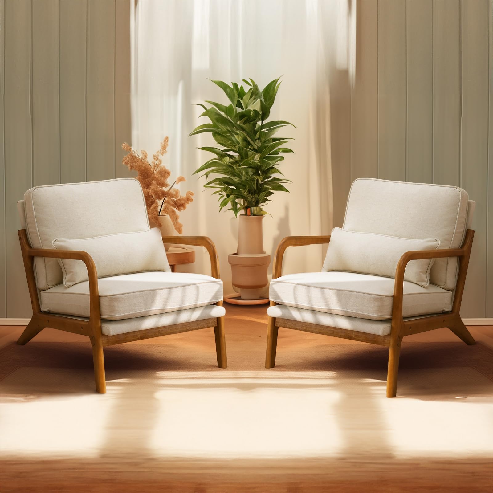 Bonnlo Set of 2 Beige Mid-Century Fabric Accent Chairs, Solid Wood Arm Lounge Chairs for Living Room Bedroom