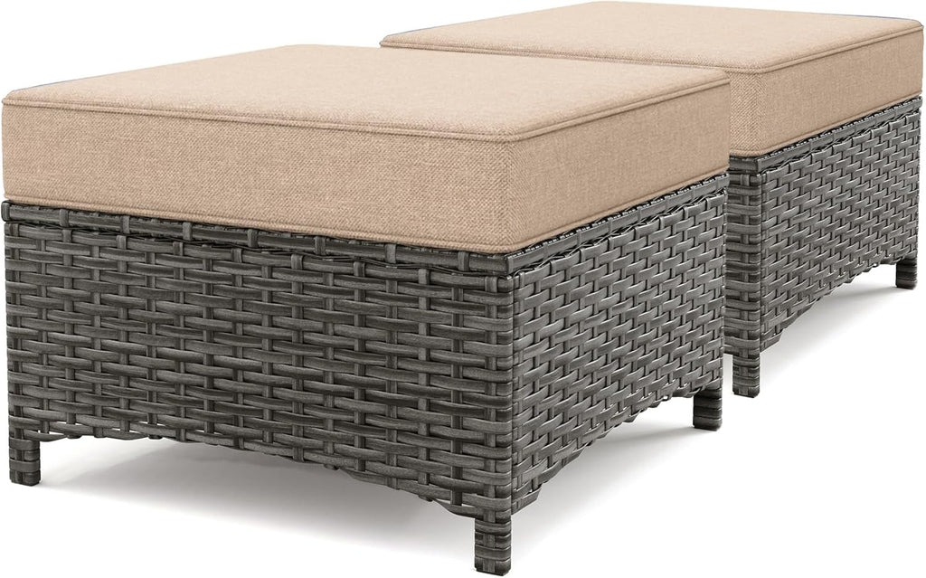 2PCS Outdoor Patio Ottomans, All-Weather PE Wicker Footrest with Comfortable 3.5" Cushions, Anti-Rust Metal Frame for Garden, Porch, Backyard, Deck, Gray Line Collection (Blue)