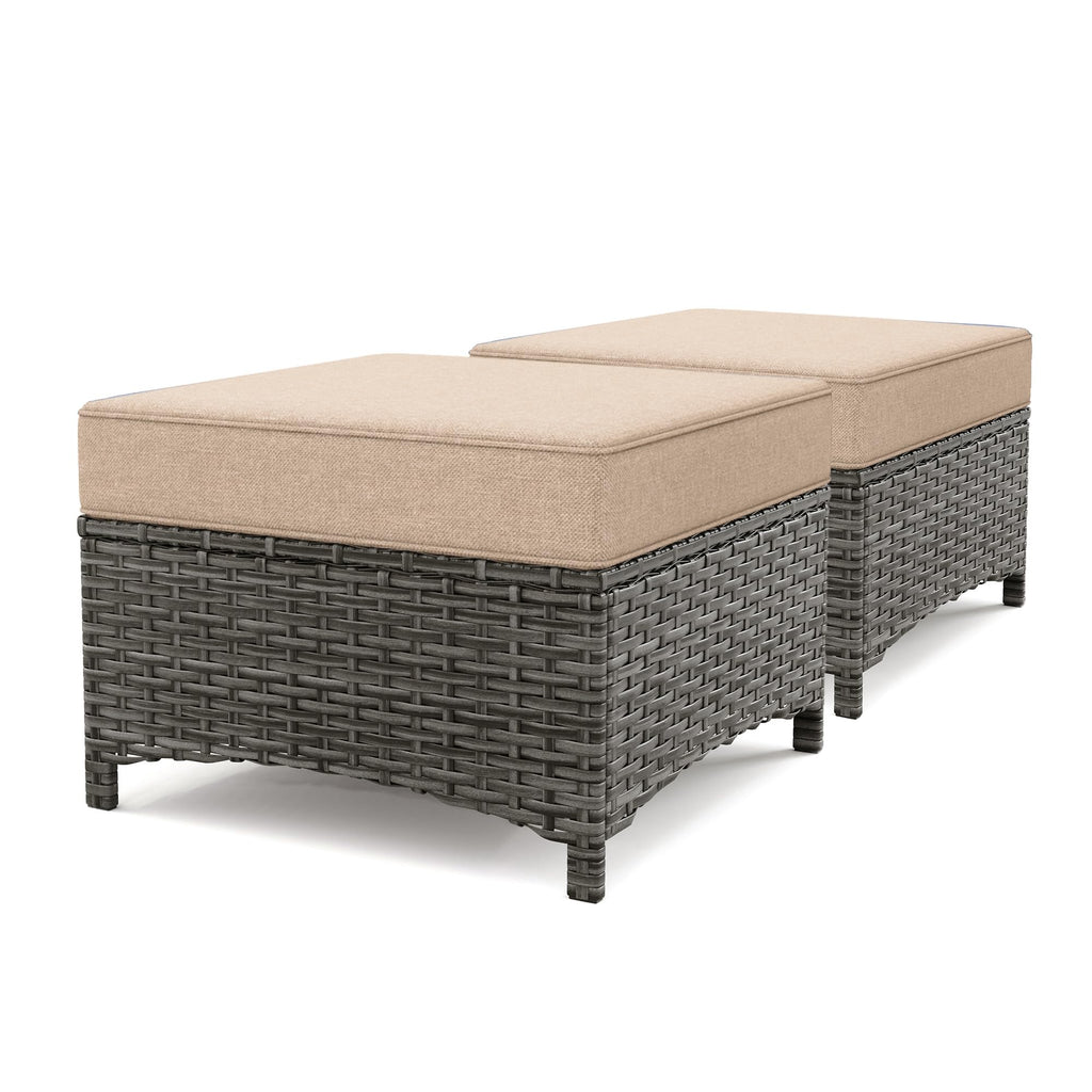 2PCS Outdoor Patio Ottomans, All-Weather PE Wicker Footrest with Comfortable 3.5" Cushions, Anti-Rust Metal Frame for Garden, Porch, Backyard, Deck, Gray Line Collection (Blue)
