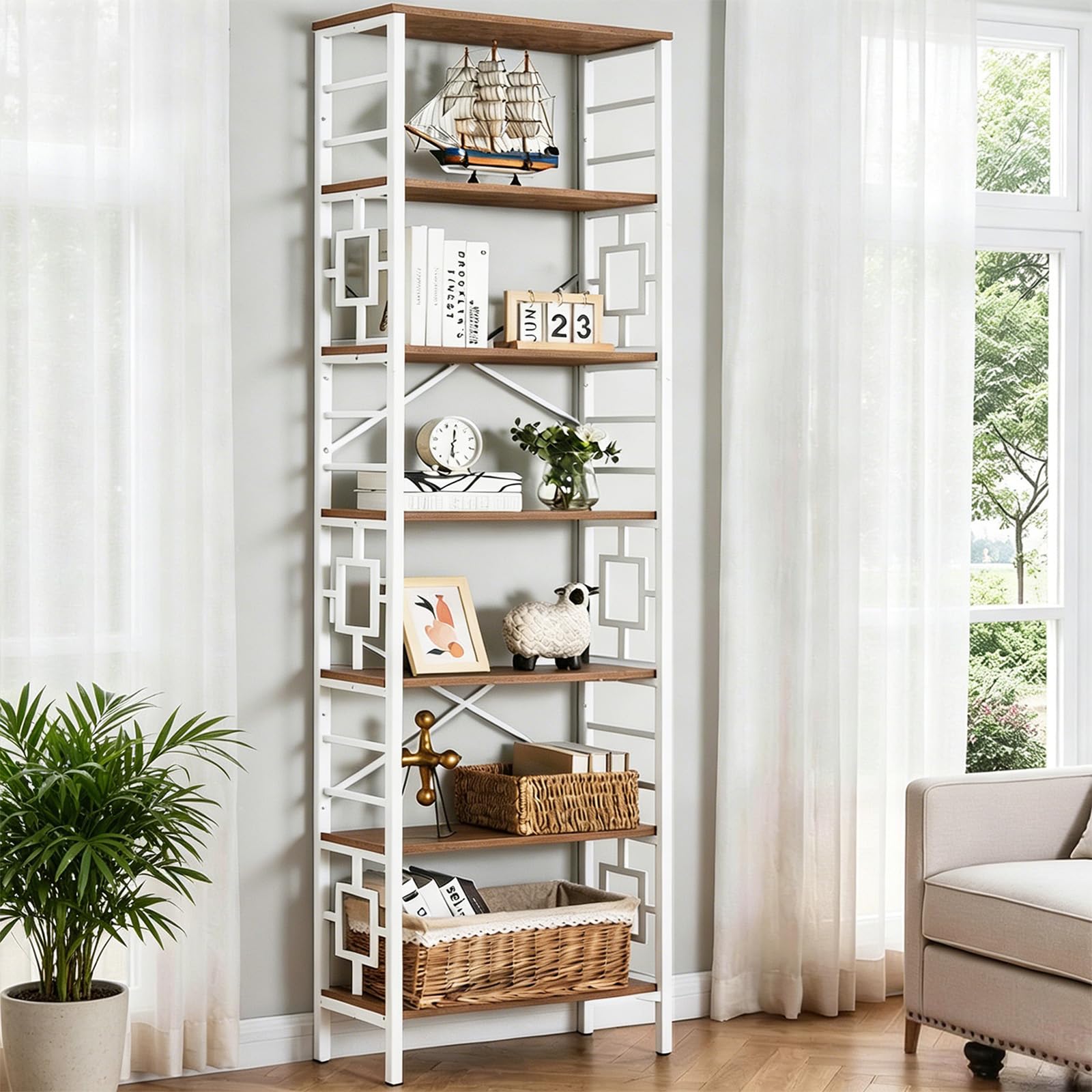HOMISSUE Tall Bookshelf, 84 Inch Industrial Bookshelf with Metal Frame and Open Shelves, 7 Tier Metal Bookshelves and Bookcases, Rustic Tall Book Shelf for Office, Living Room and Bedroom, Brown