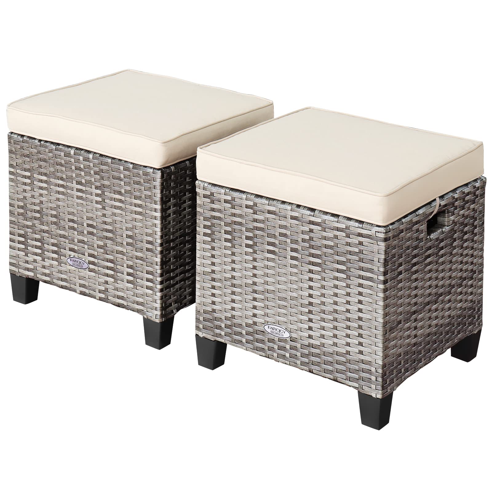 RELAX4LIFE 2-Piece Patio Ottoman Set - Wicker Footstools, All Weather PE Rattan Ottoman with Removable Cushions, Square Footrest Seat, Outdoor Stools for Garden, Porch, Pouf Ottoman (Brown)