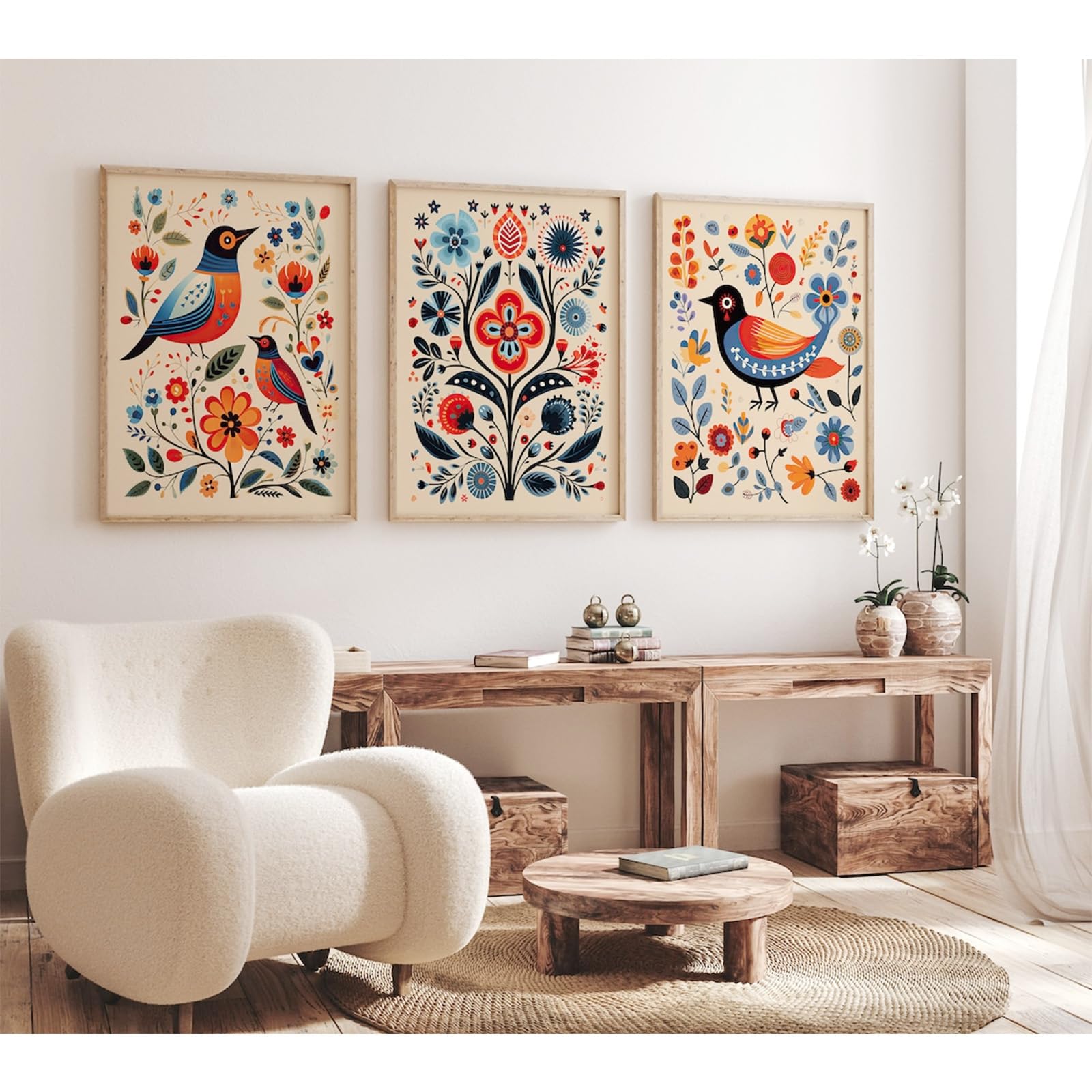 Scandinavian Folk Wall Art Nodic Flower Canvas Wall Decor Norwegian Wall Art Poster Swedish Antique Wall Decor Pictures Floral Bird Prints Vintage Poster for Home Kitchen 16x24x3 Inch Ready to Hang