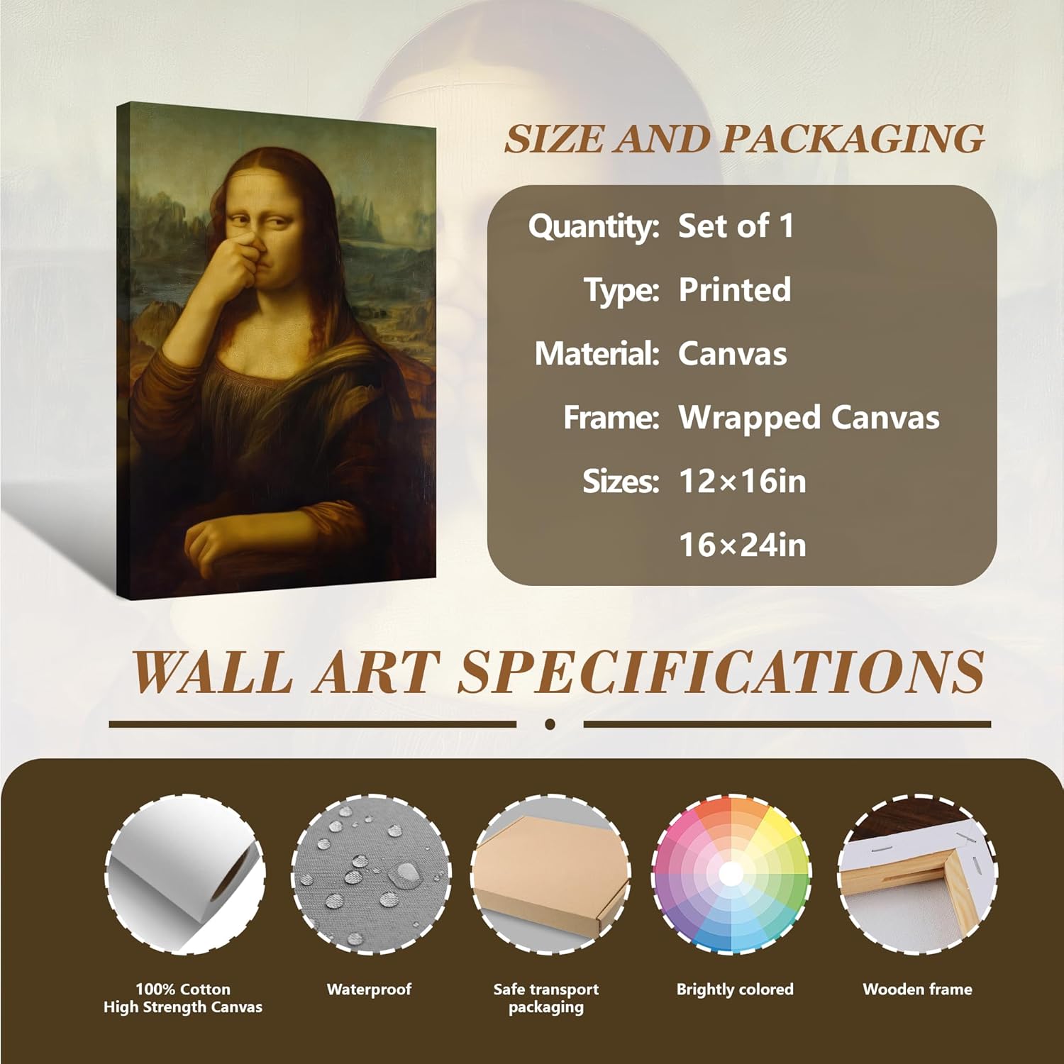 16"×24" Funny Pinching Nose Mona Lisa Canvas Wall Art, Vintage Humor Bathroom Decor Poster
