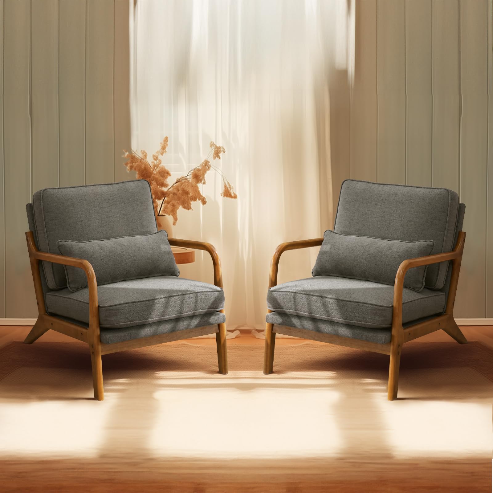 Bonnlo Set of 2 Beige Mid-Century Fabric Accent Chairs, Solid Wood Arm Lounge Chairs for Living Room Bedroom