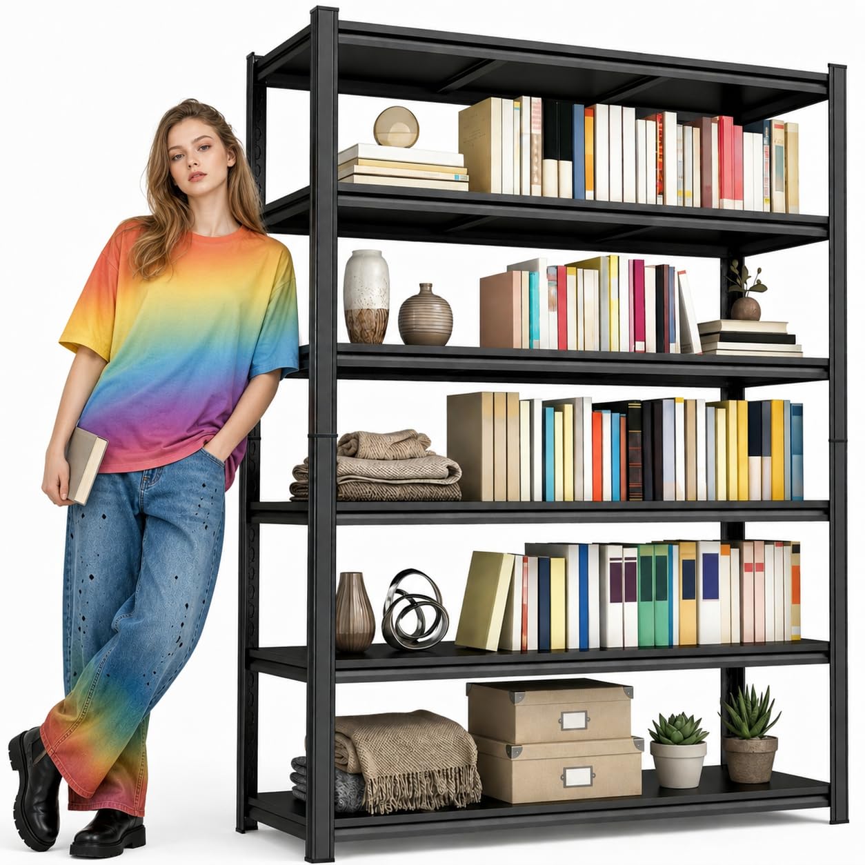 5 Tier Metal Bookshelf with Anti-Drop Fence, 72" H Adjustable Tall Bookcase, Heavy Duty 3000 LBS Modern Deep Book Shelf, Bolt-Free Storage Shelves for Living Room, Home Office, Garage