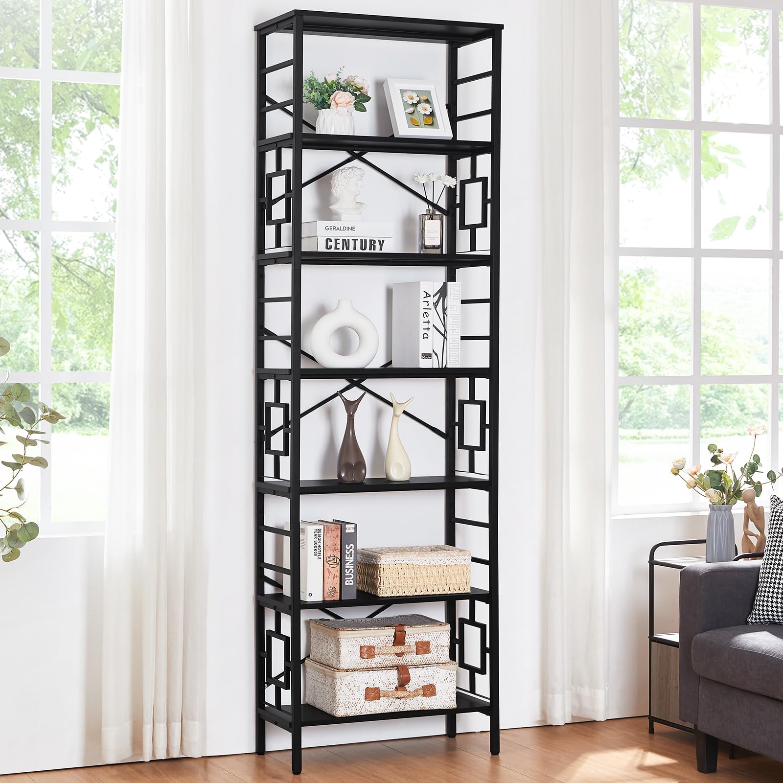 HOMISSUE Tall Bookshelf, 84 Inch Industrial Bookshelf with Metal Frame and Open Shelves, 7 Tier Metal Bookshelves and Bookcases, Rustic Tall Book Shelf for Office, Living Room and Bedroom, Brown