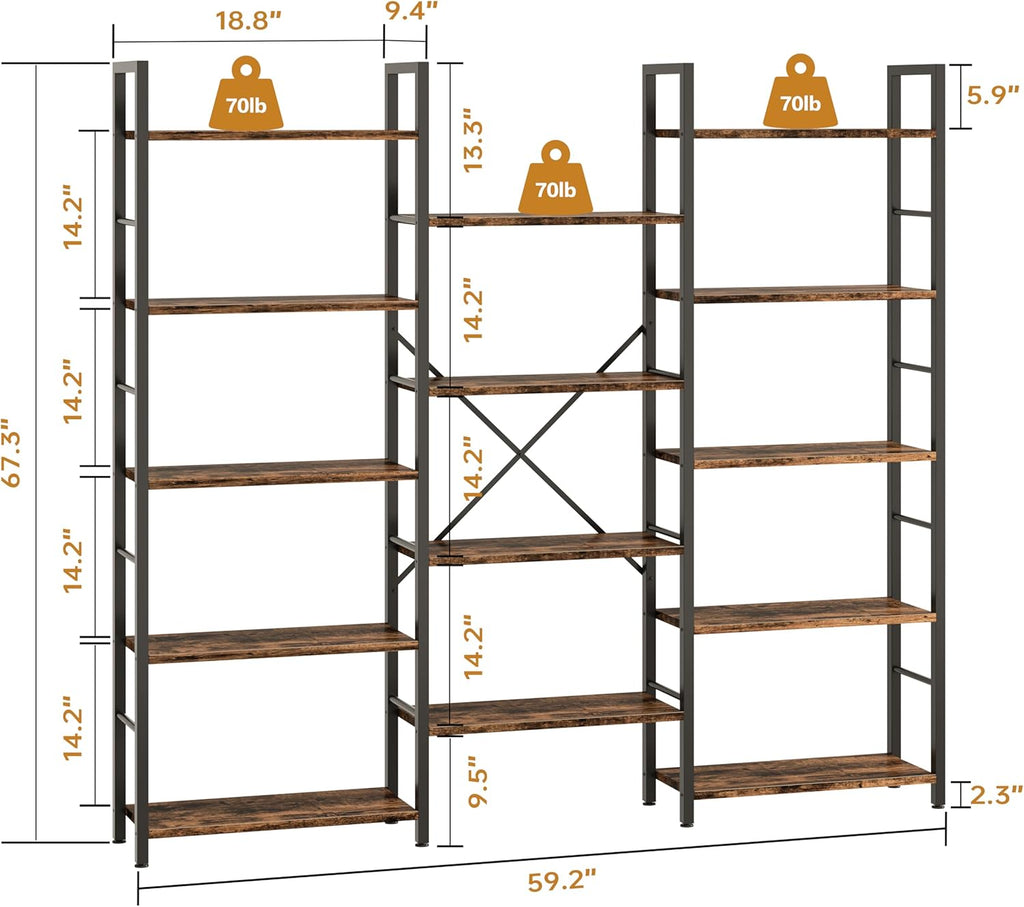 Shintenchi Triple Column 5 Tier Bookshelf, Industrial Large Bookcase Display Shelves, Large Etagere Bookshelf,Wide Book Shelf Book Case for Home & Office, Rustic Brown