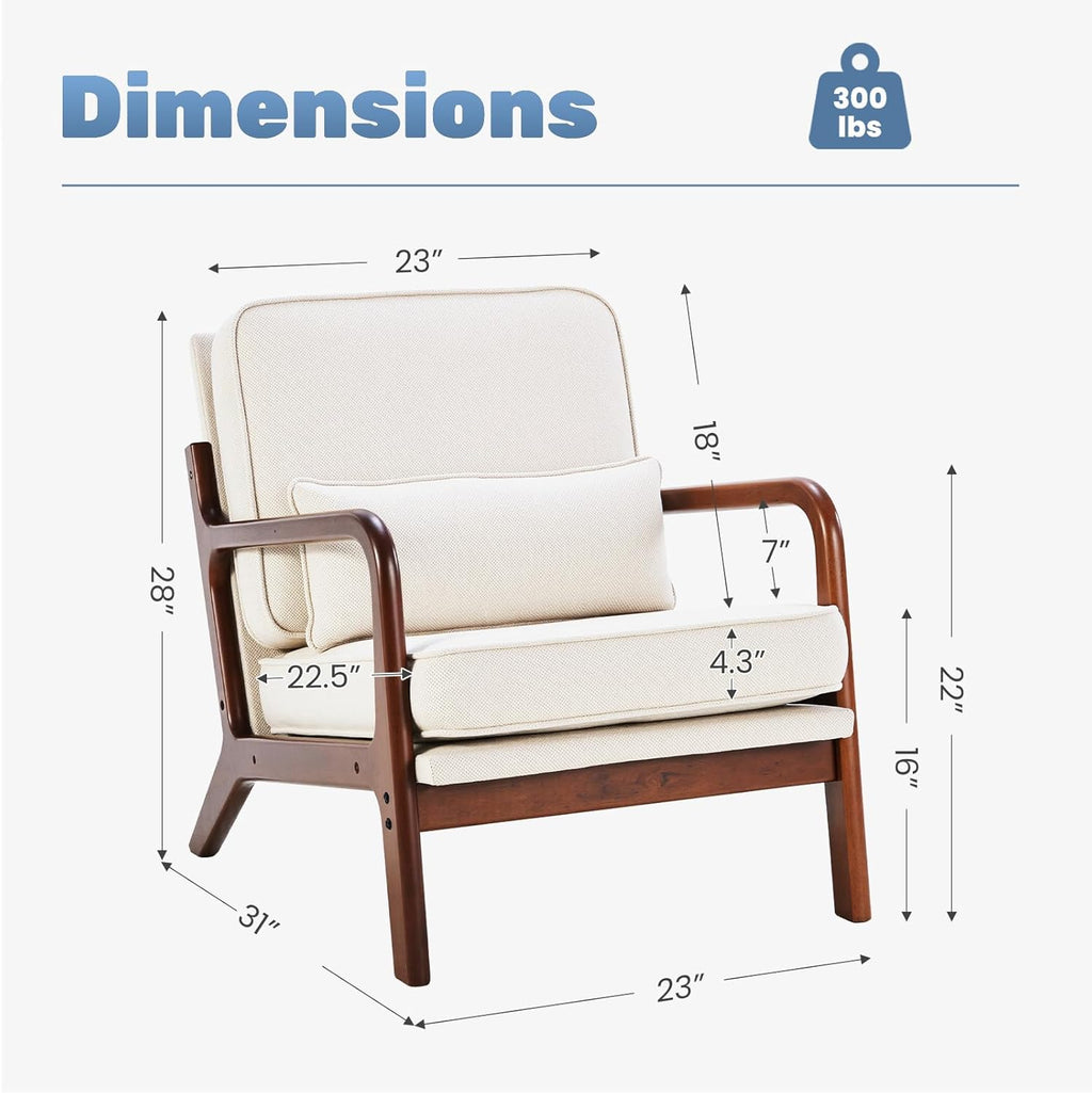 DUMOS Accent Chair Mid Century Modern Chair with Arms and Waist Cushion, Reading Chairs for Adults with Solid Frame, Lounge Side Sitting Armchair for Living Room, Bedroom, Balcony, Cream